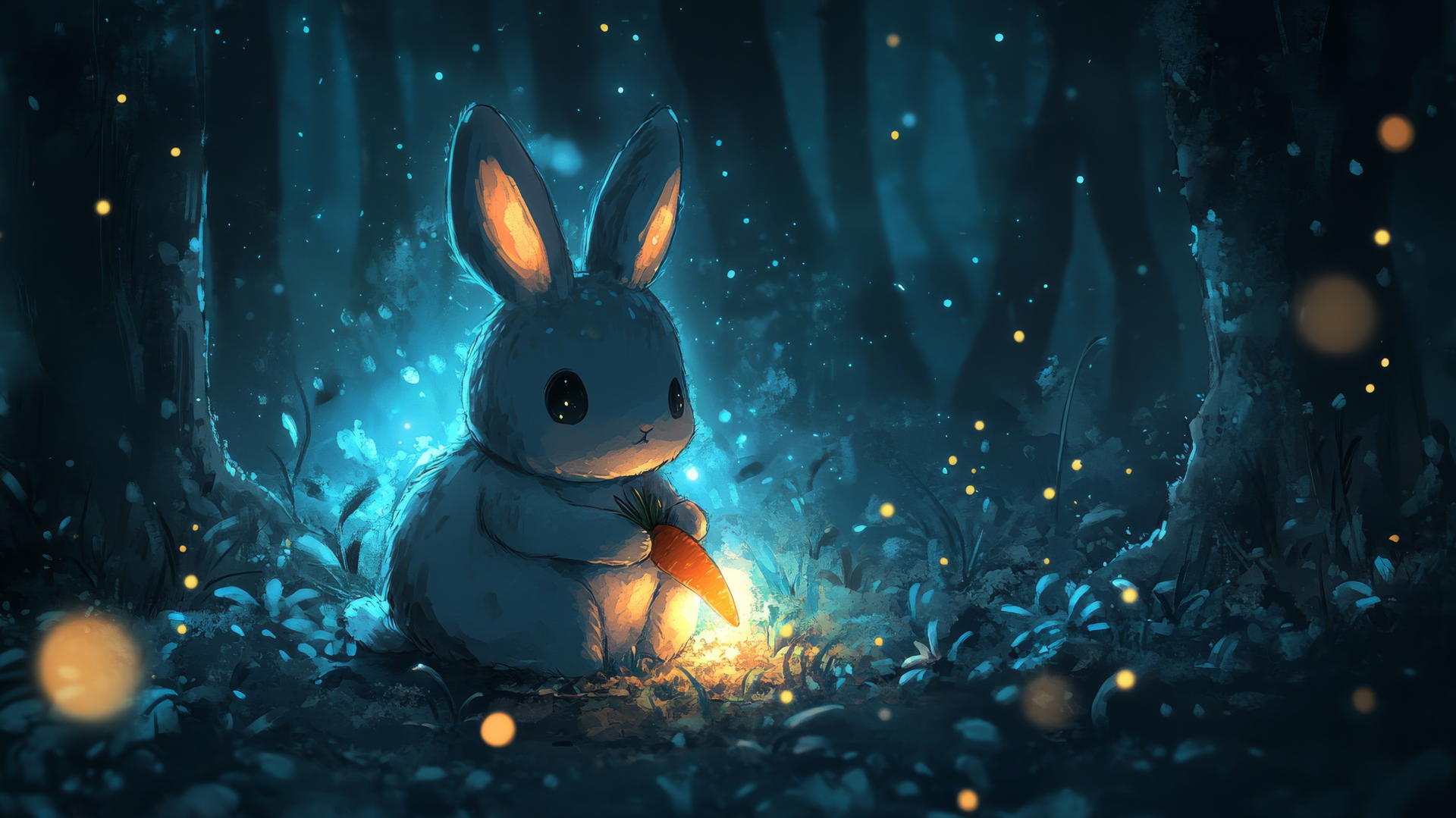 black cute wallpaper with kawaii bunny holding glowing carrot in dark forest