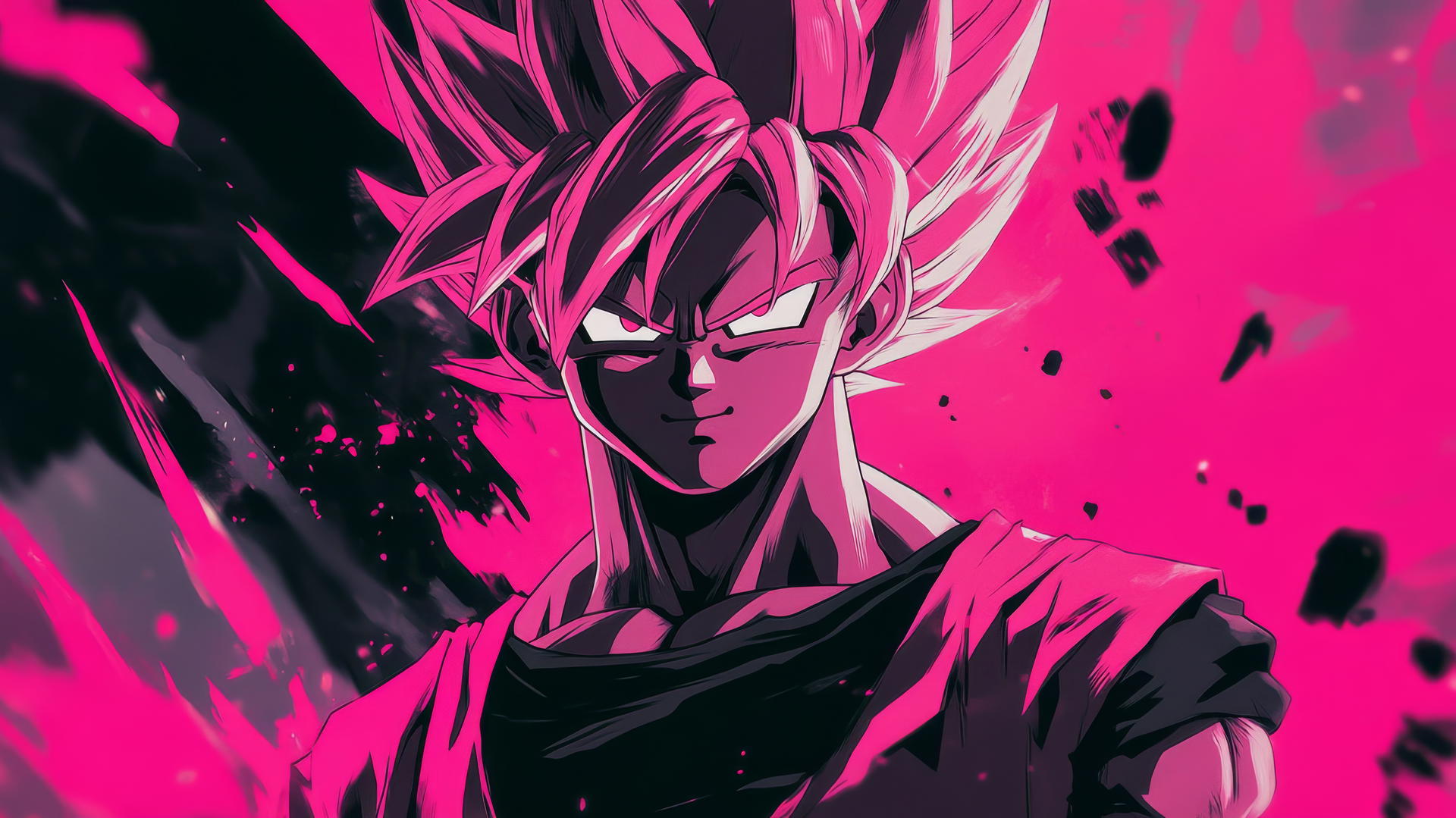 Goku Black in a calm yet menacing pose, shadowed face, glowing Super Saiyan Rosé hair, pink and black abstract background, goku black wallpaper 4k