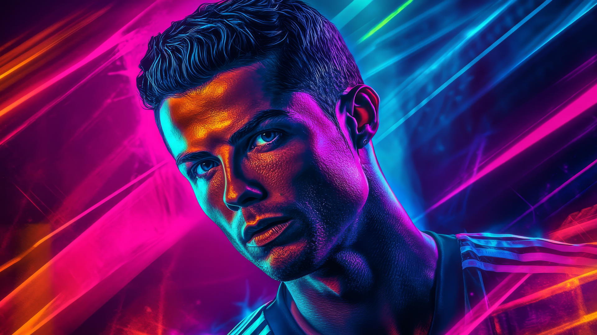 Wallpaper Ronaldo in 80s aesthetic with neon colors and geometric shapes