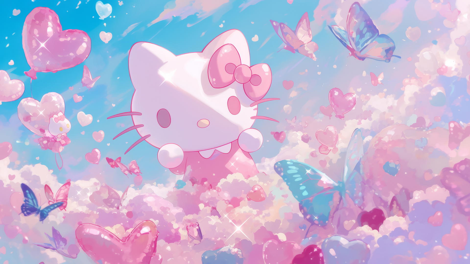 y2k hello kitty wallpaper aesthetic with glittery butterflies, pastel hearts