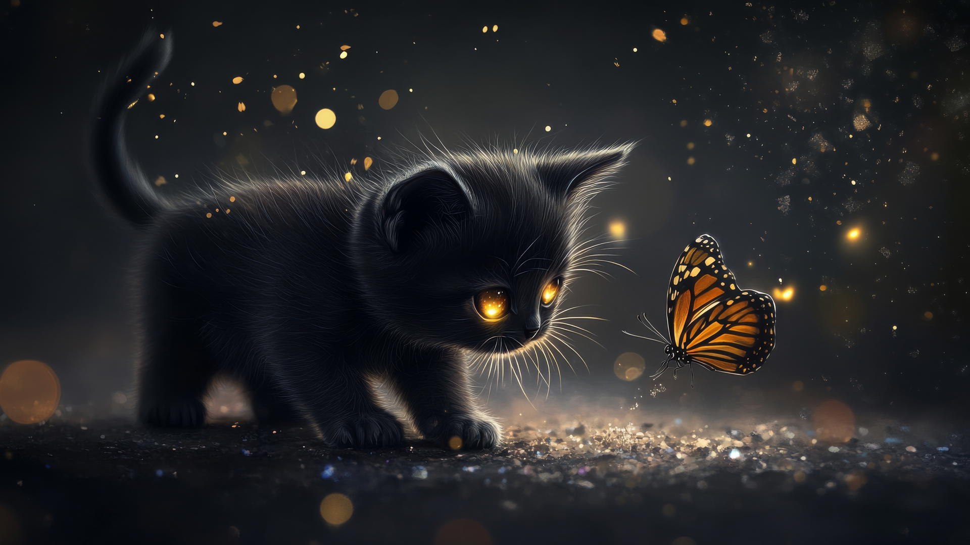 A black cute wallpaper with a tiny cartoon kitten chasing a butterfly on a dark sparkly background