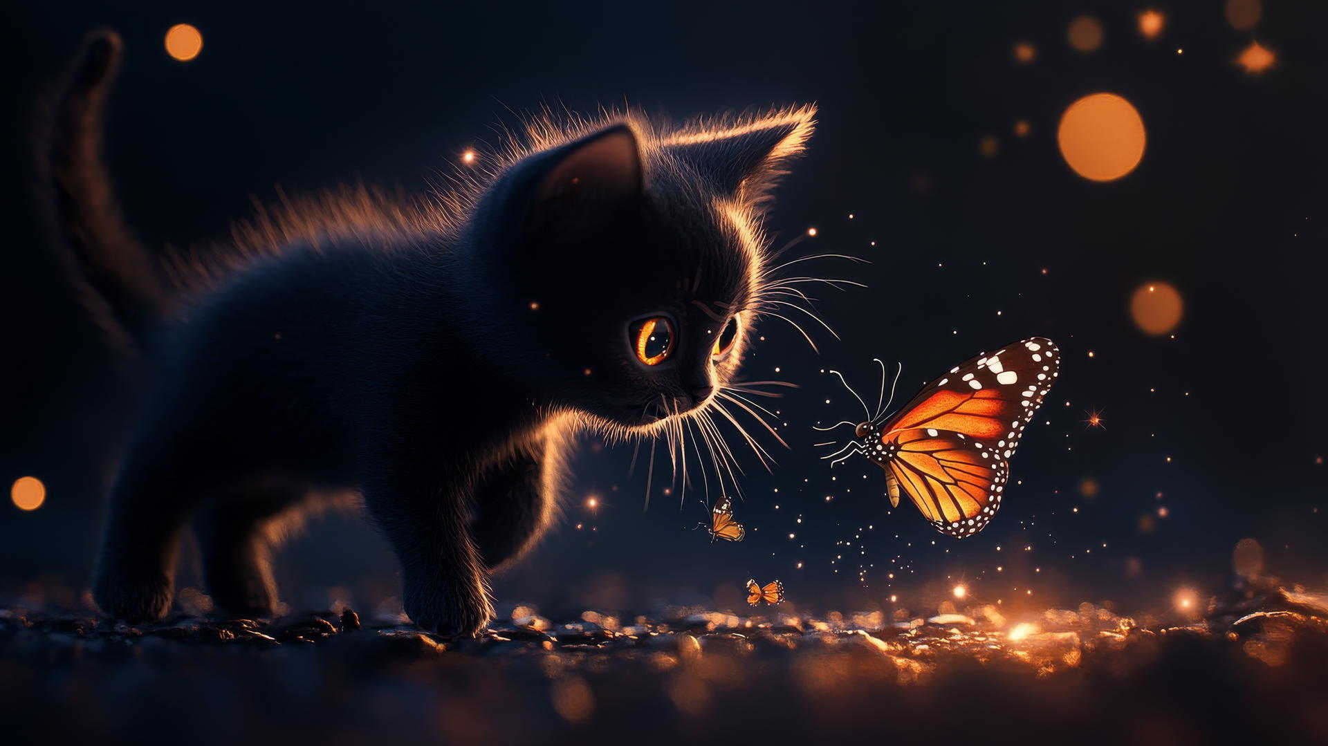 black cute wallpaper with a tiny cartoon kitten chasing a butterfly