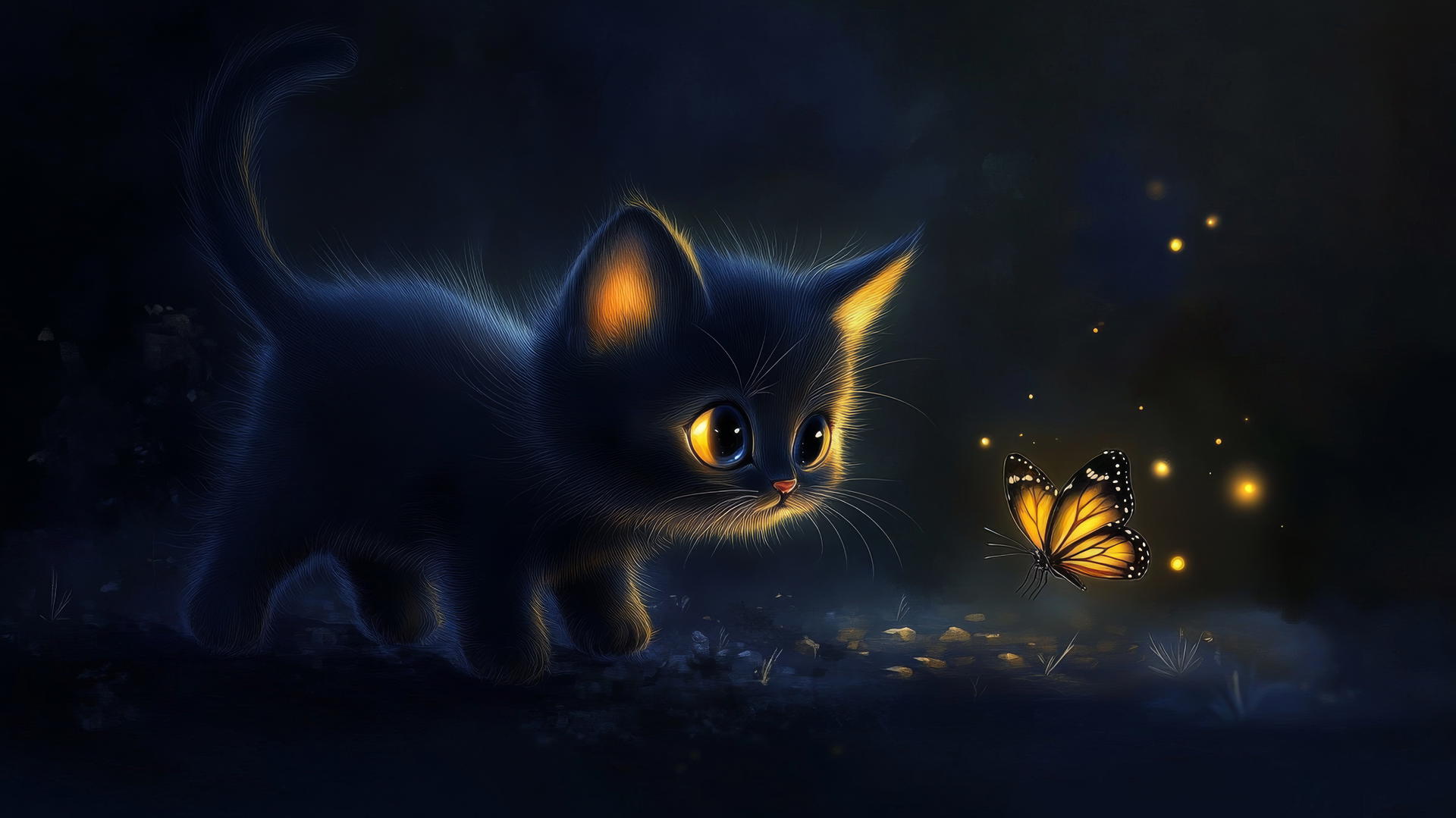 black cute wallpaper of a tiny cartoon kitten with glowing eyes chasing a butterfly
