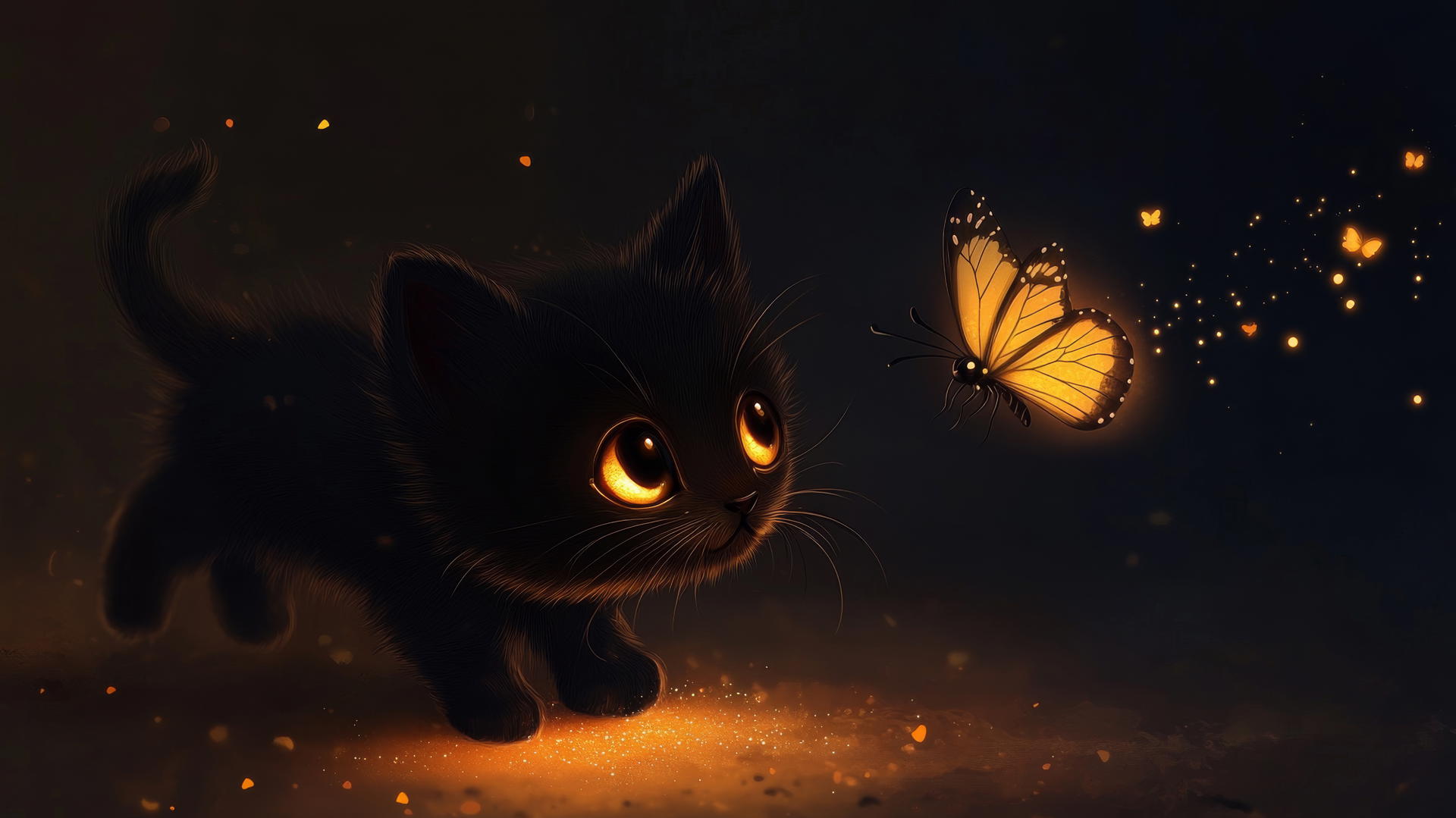 black cute wallpaper with a cartoon kitten chasing a butterfly