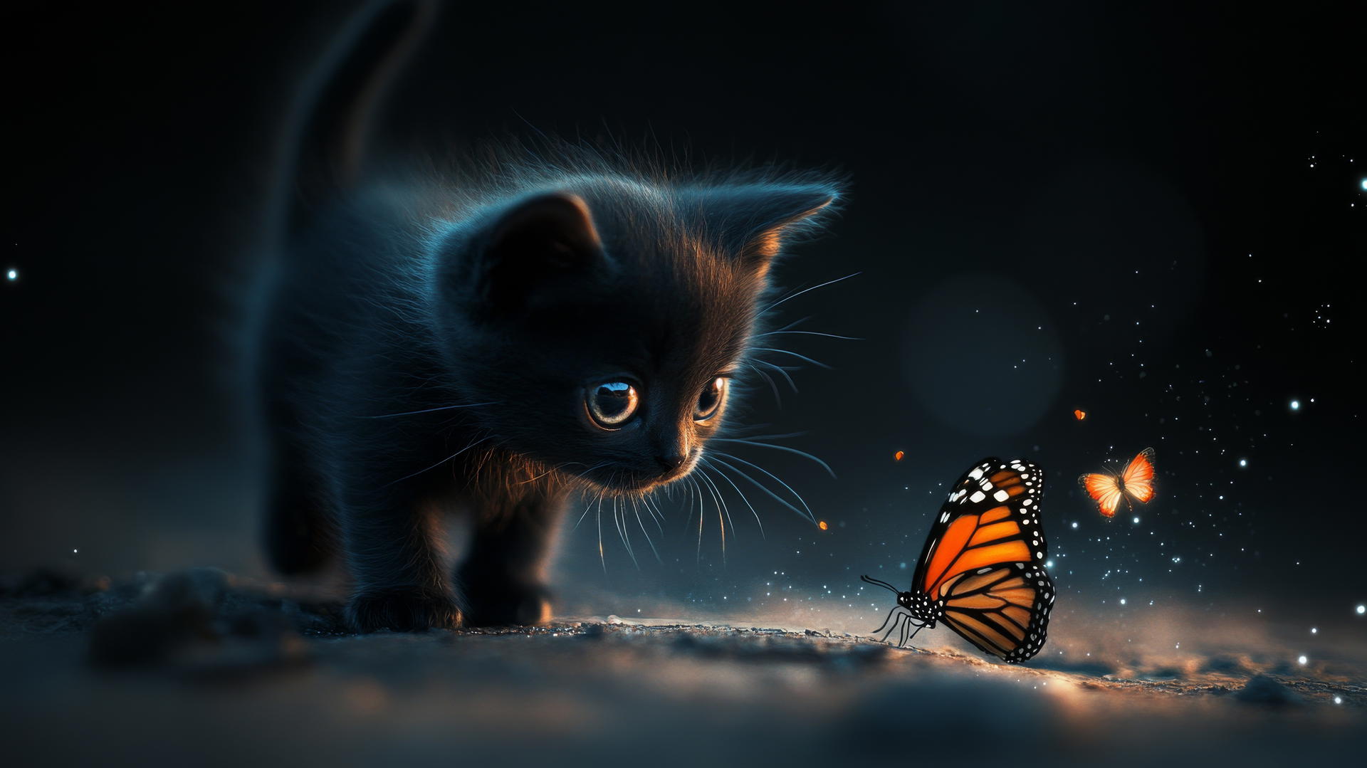 Black cute wallpaper with a tiny cartoon kitten chasing a butterfly on a sparkly dark background
