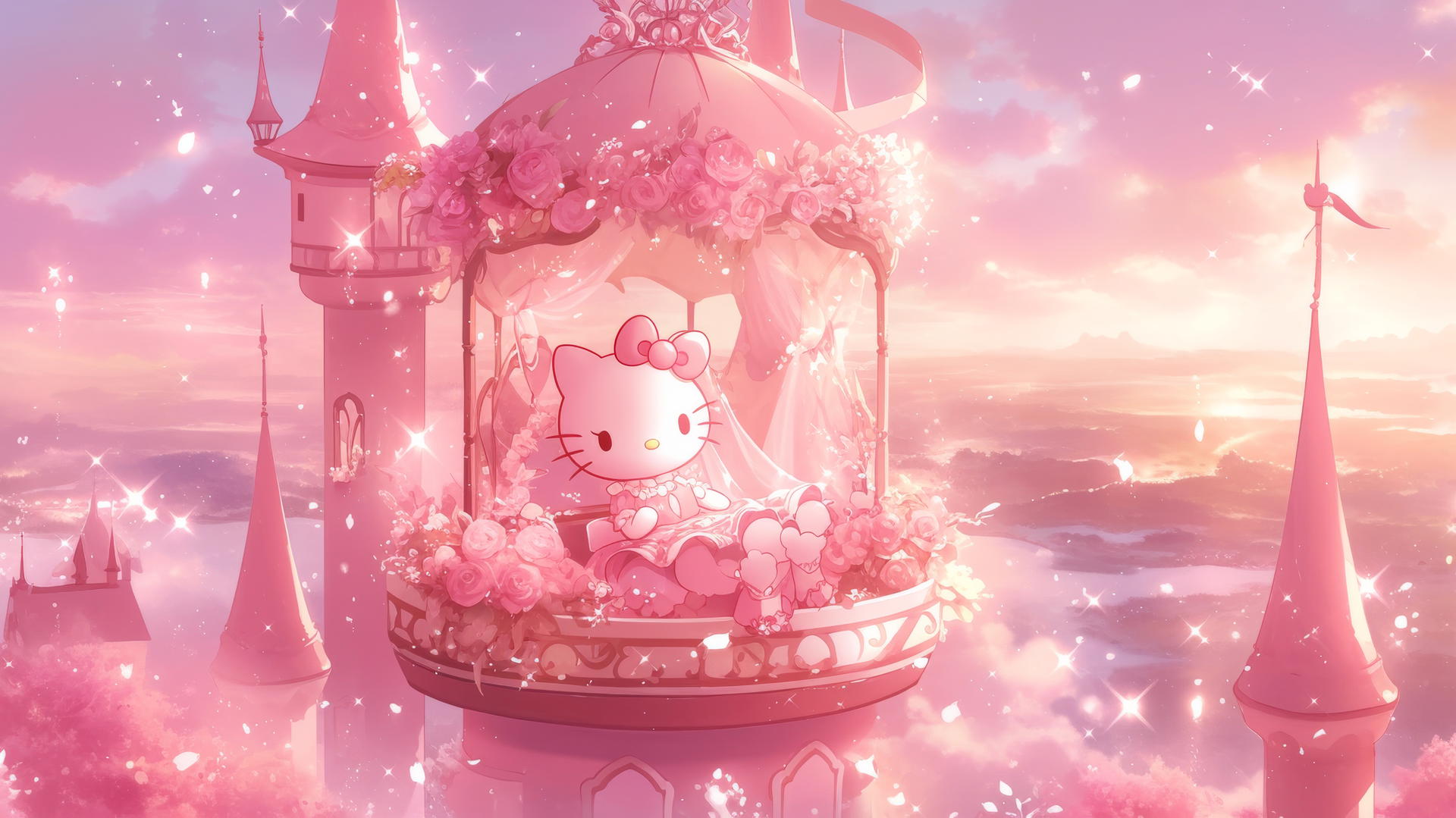 pink hello kitty wallpaper with Hello Kitty as a princess in a pink gown and tiara, in a pink castle with sparkles and a magical pink sky