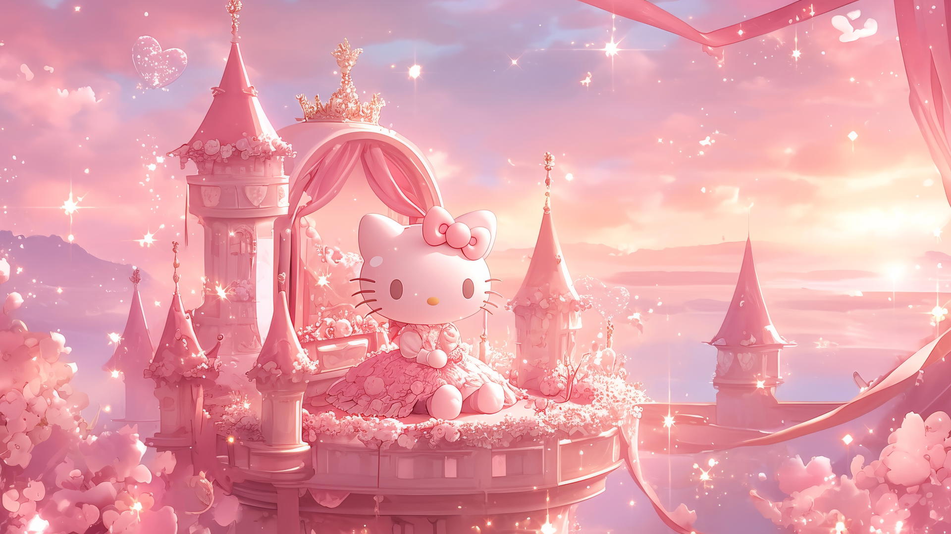 Pink Hello Kitty wallpaper with Hello Kitty as a princess in a pink gown and tiara.