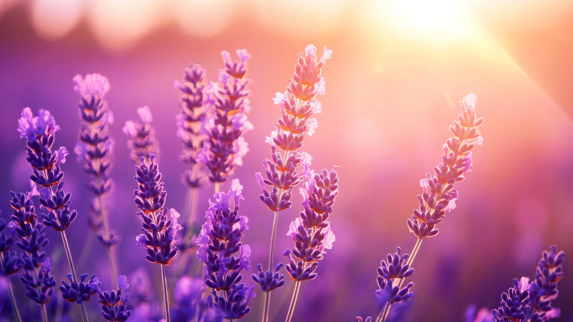 A serene flower nature wallpaper of a tranquil lavender field at sunset
