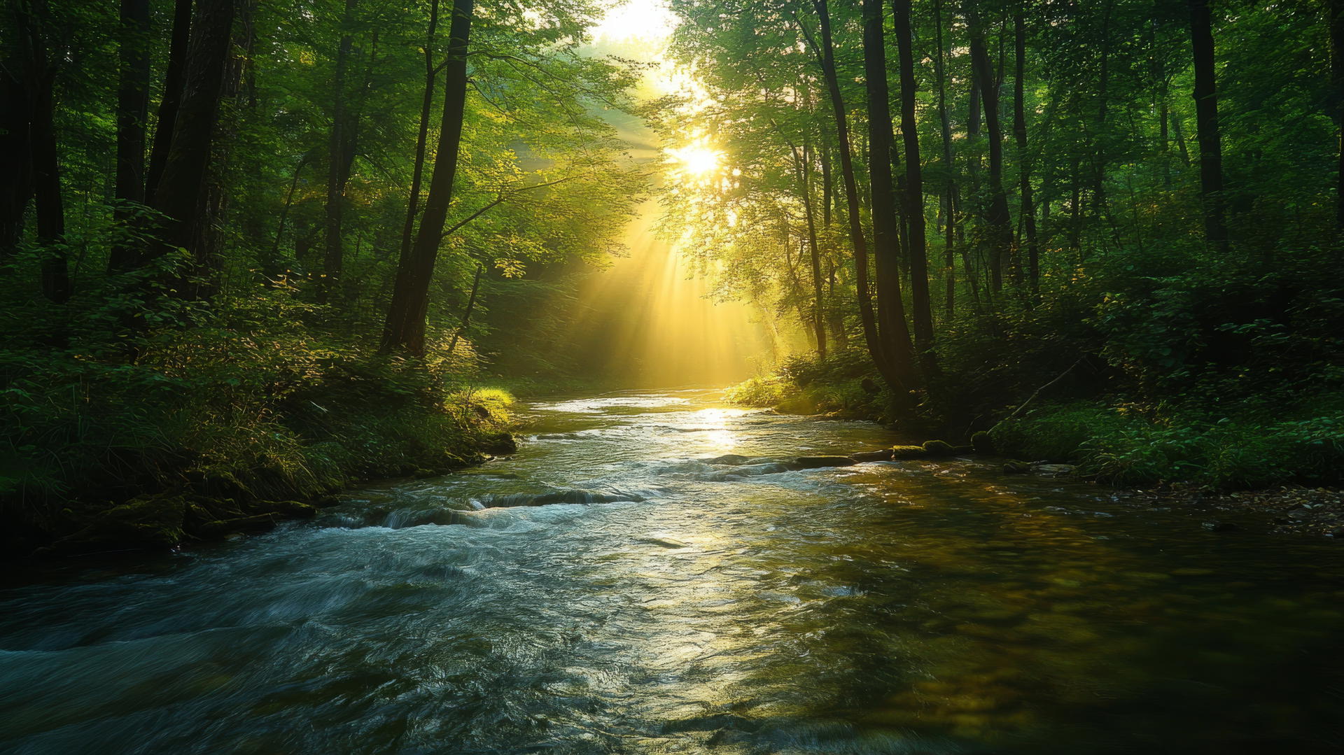 Nature aesthetic wallpaper with a river in a dense forest and sunlight filtering through trees.