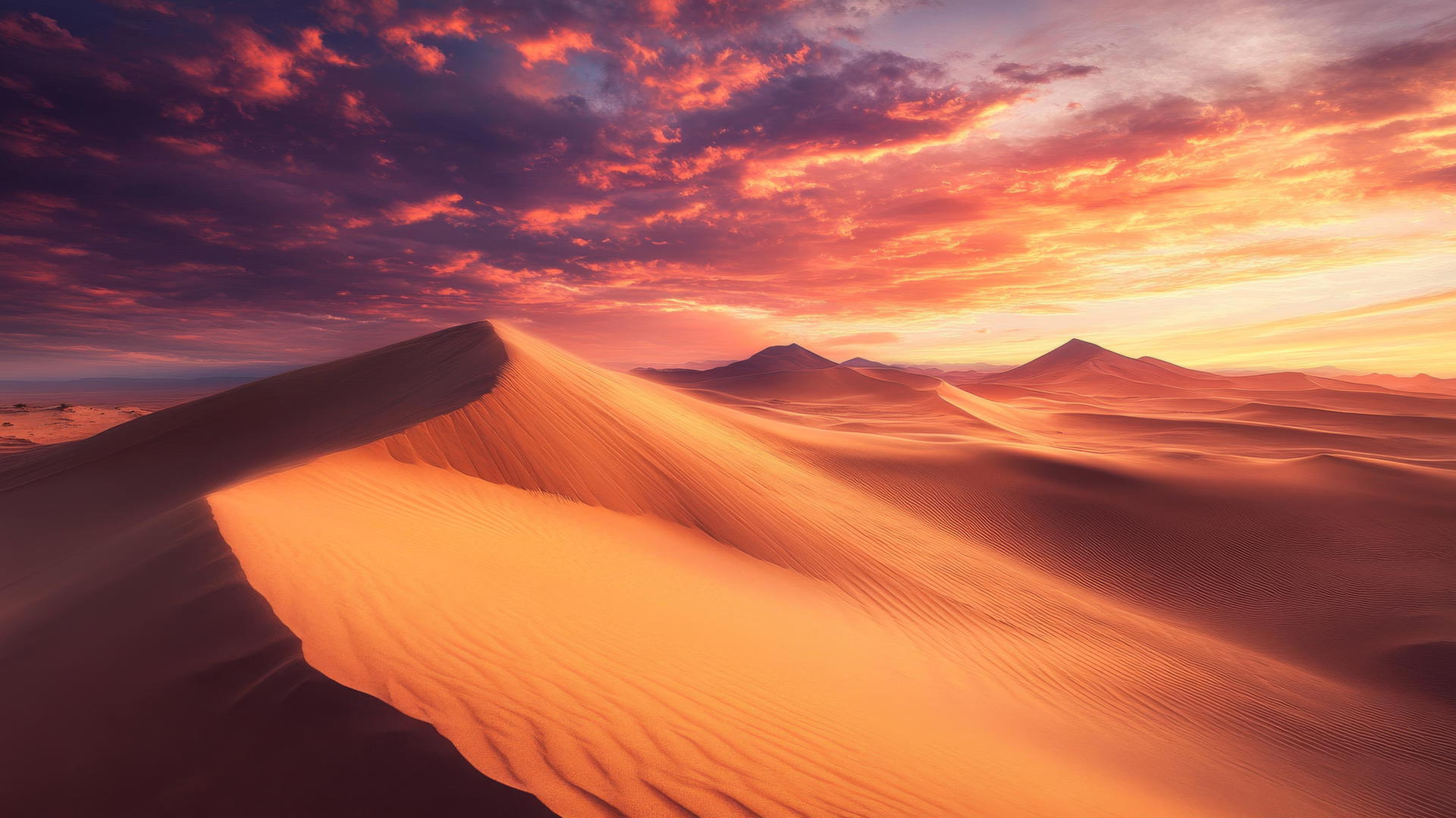 dramatic desert landscape with sand dunes under an orange and pink sunset sky, nature wallpaper
