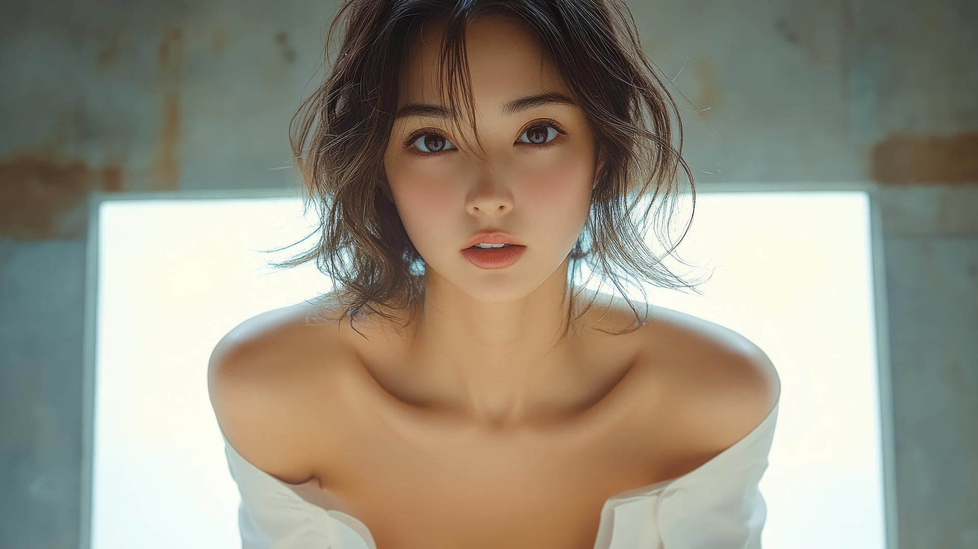 Asian girl in white shirt, kneeling and smiling, seen from below.