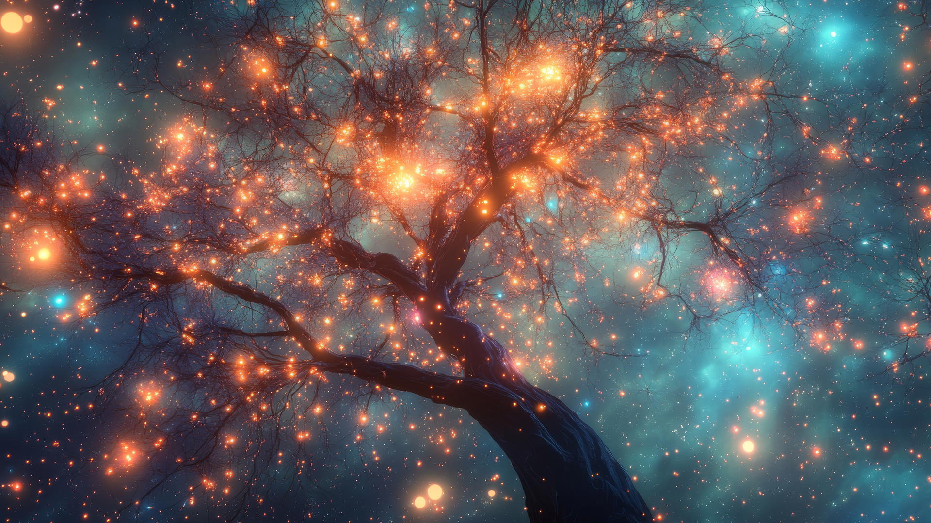 Y2K star wallpaper with a surreal cosmic tree and neon branches.