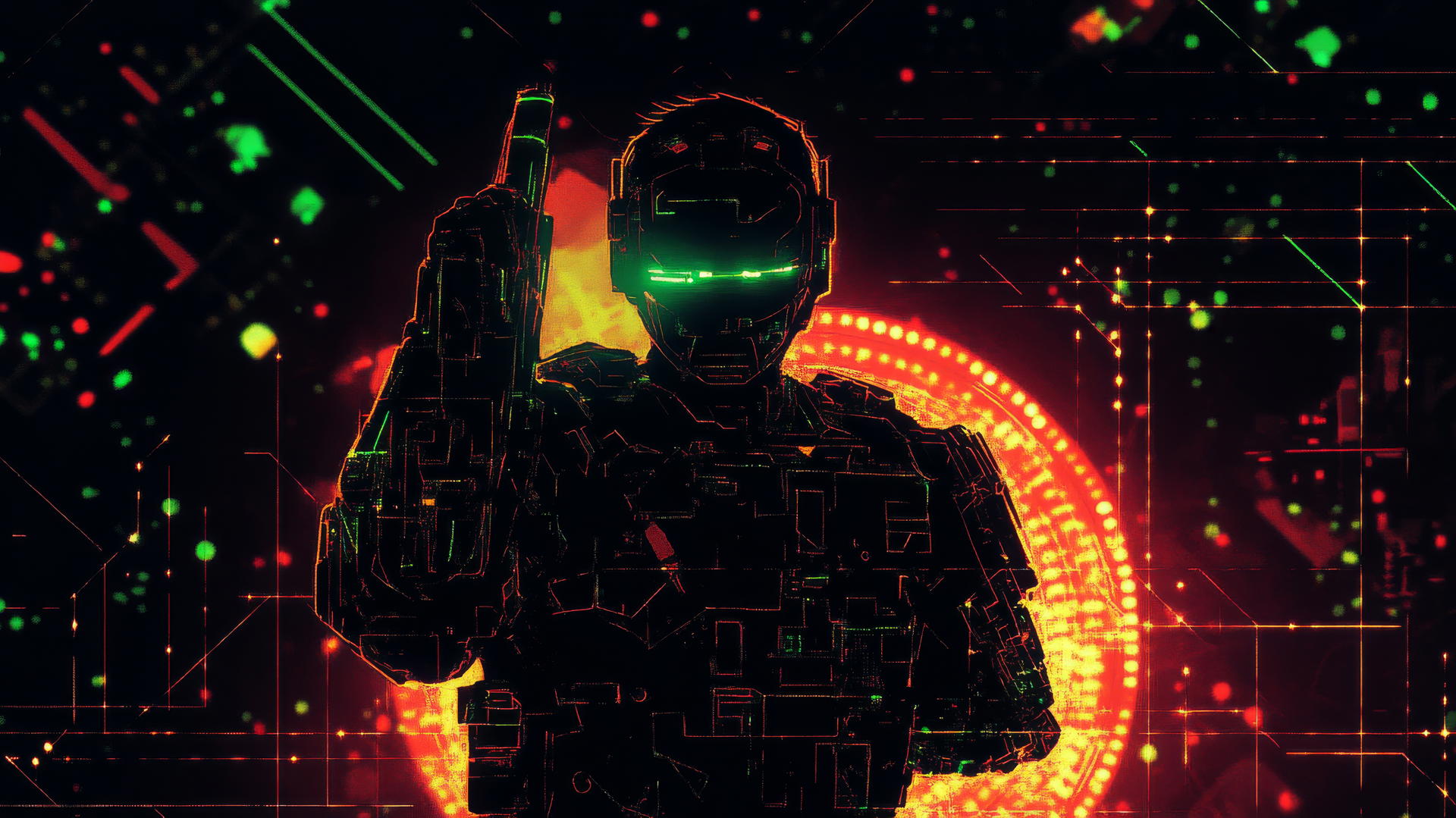 Cyber Y2K wallpaper with digital warrior in neon armor on black digital battlefield