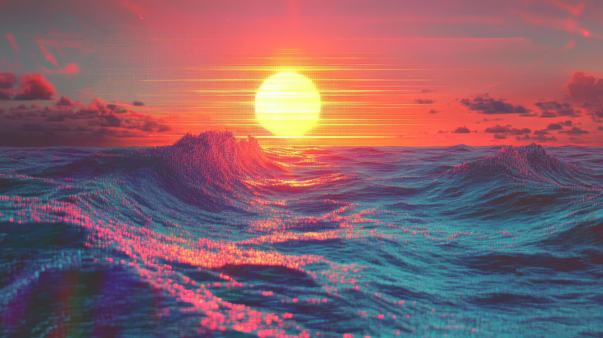 A Y2K wallpaper with pixelated ocean, glitchy waves, holographic fish, and bright sun.