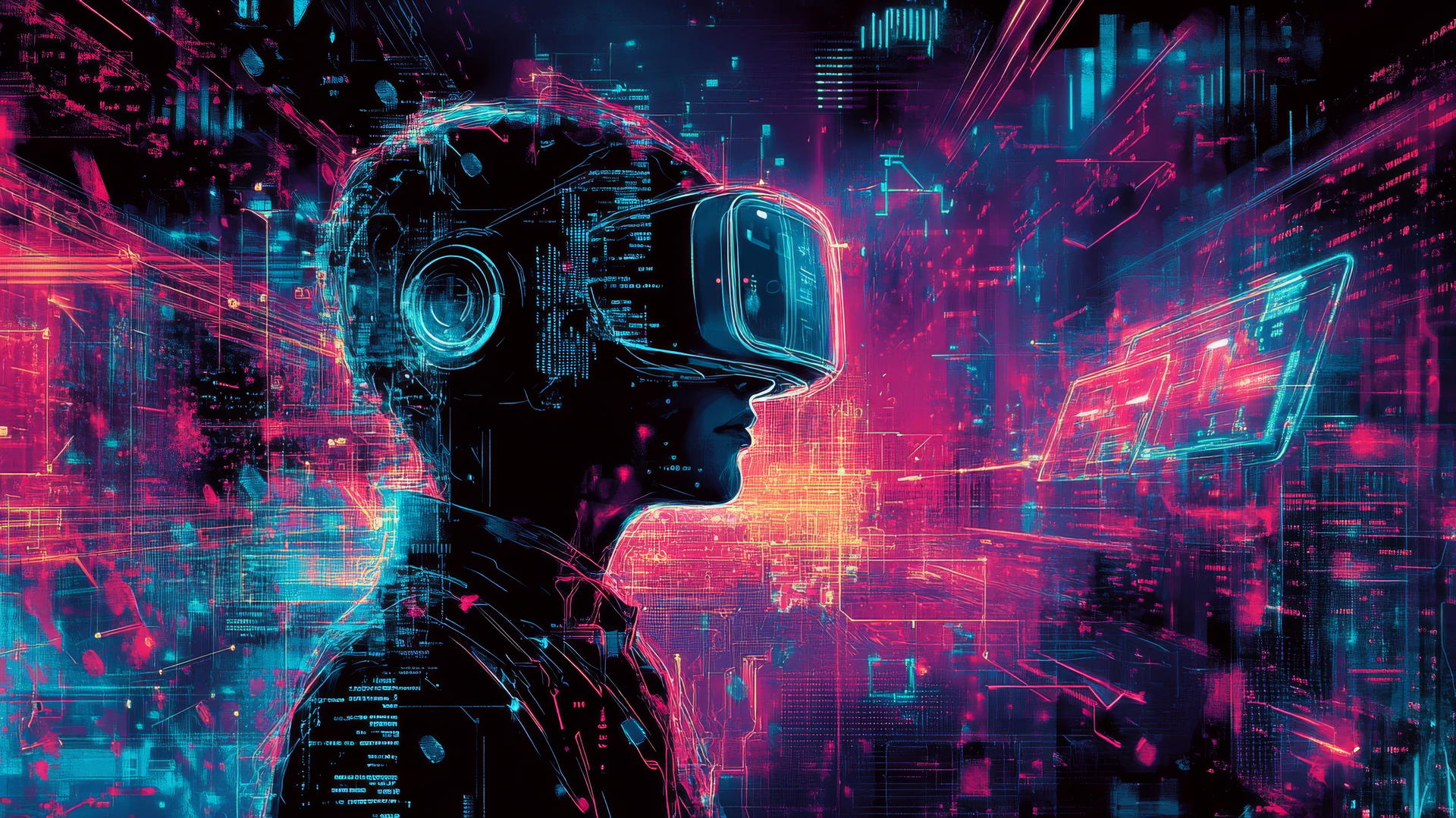 wallpaper y2k with VR theme, person in futuristic VR headset, holographic screens