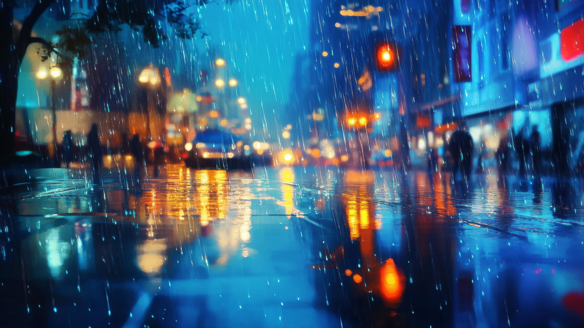 Wallpaper blue: rainy city street with reflections on wet pavement