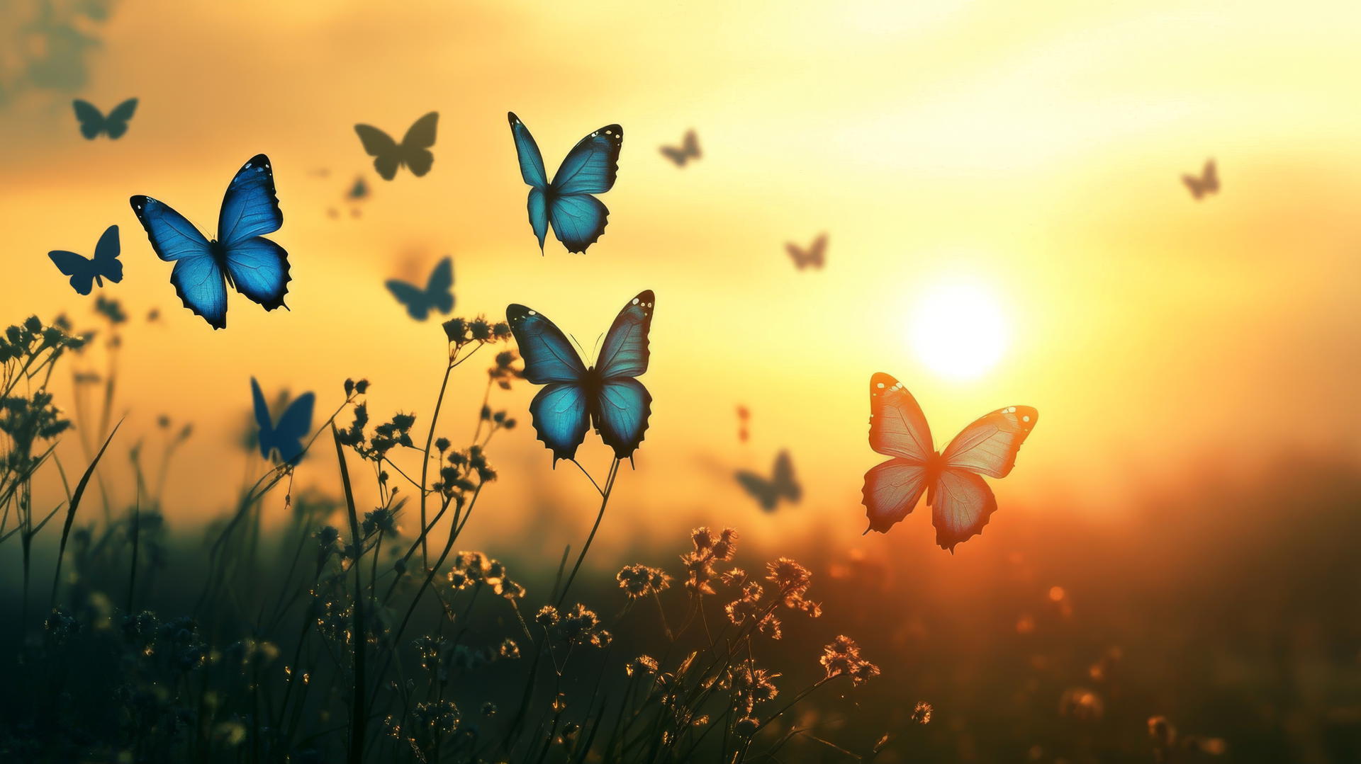 silhouettes of blue butterflies against a warm sunset sky