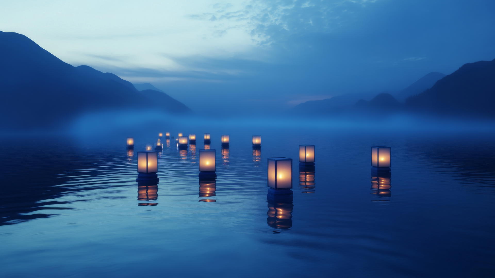 Aesthetic blue wallpaper with floating blue lanterns on a dark blue lake at twilight, creating a serene and enchanting atmosphere.