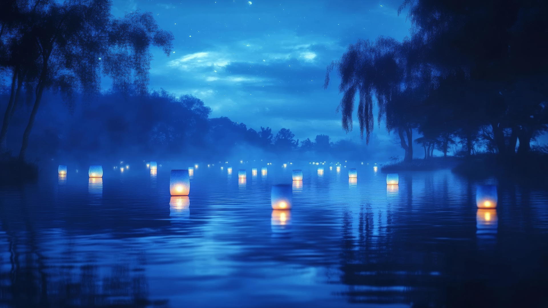 Aesthetic blue wallpaper with floating lanterns on a dark lake