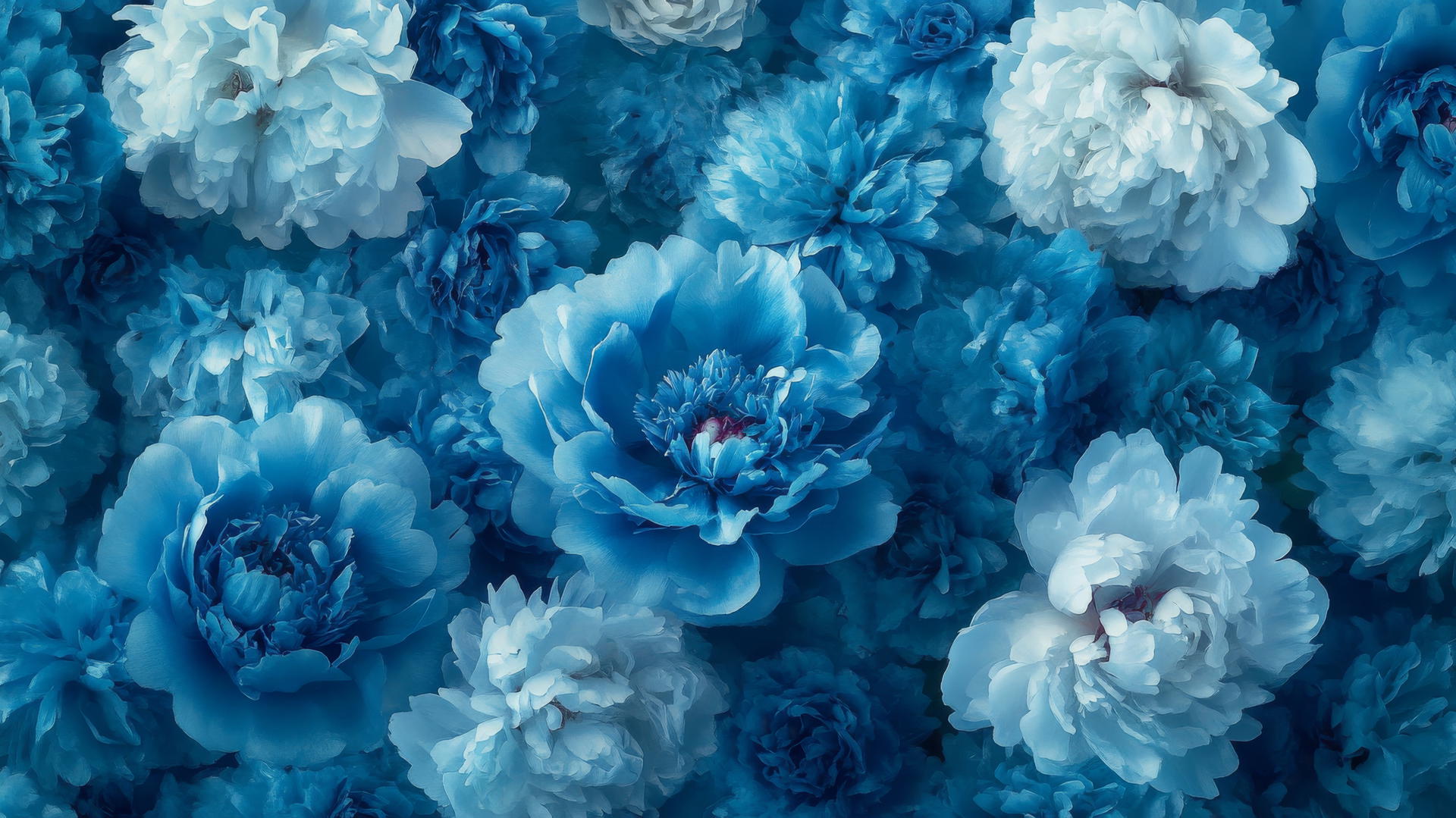 blue floral wallpaper with lush blue peonies against a muted blue backdrop