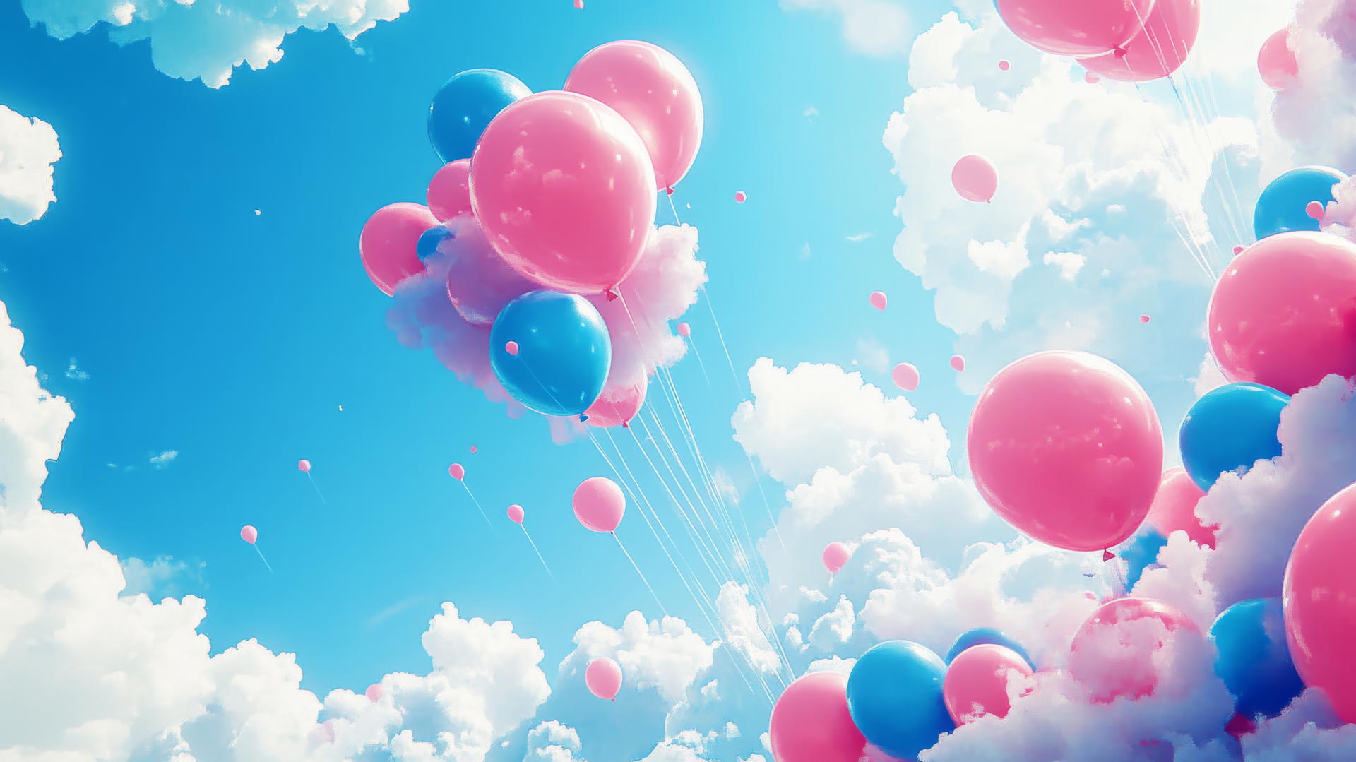 Pink and blue wallpaper with balloons in a bright sky