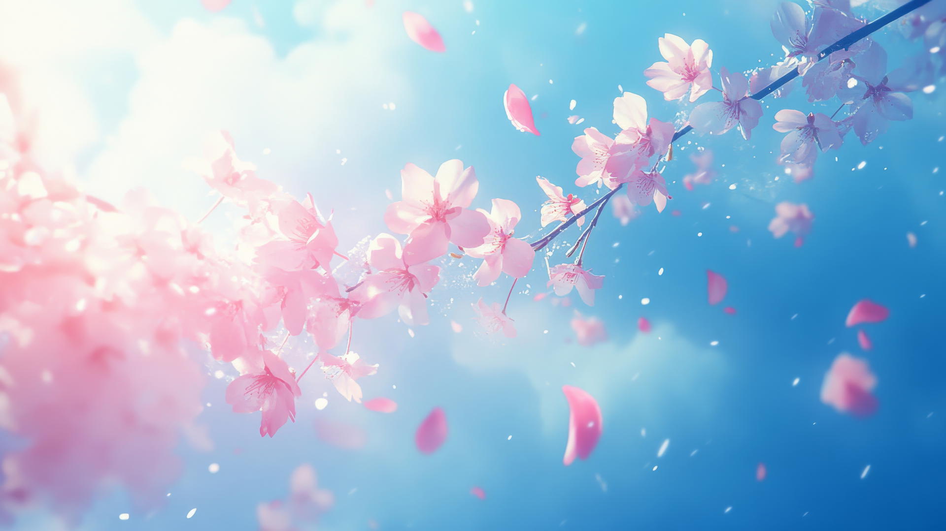 Pink and blue wallpaper with pink cherry blossoms against a bright blue sky