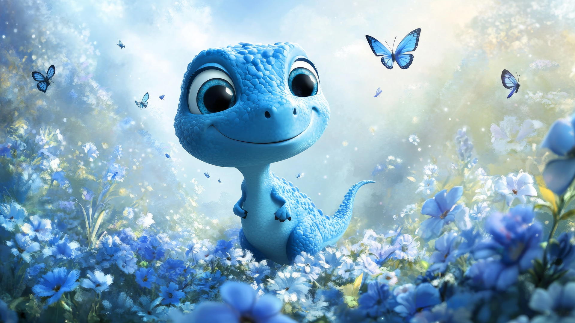 Cute blue wallpaper with a cartoon blue dinosaur, blue flowers, butterflies, and a soft blue sky.
