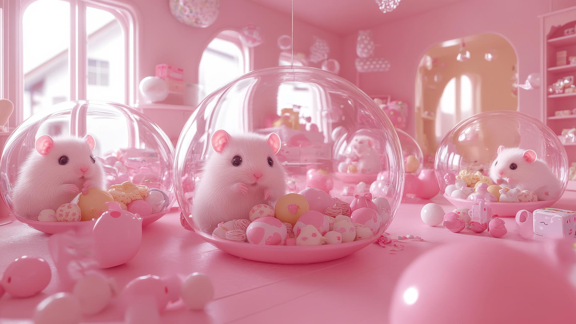 cute pink wallpaper with pink hamsters in transparent balls in a pastel playroom