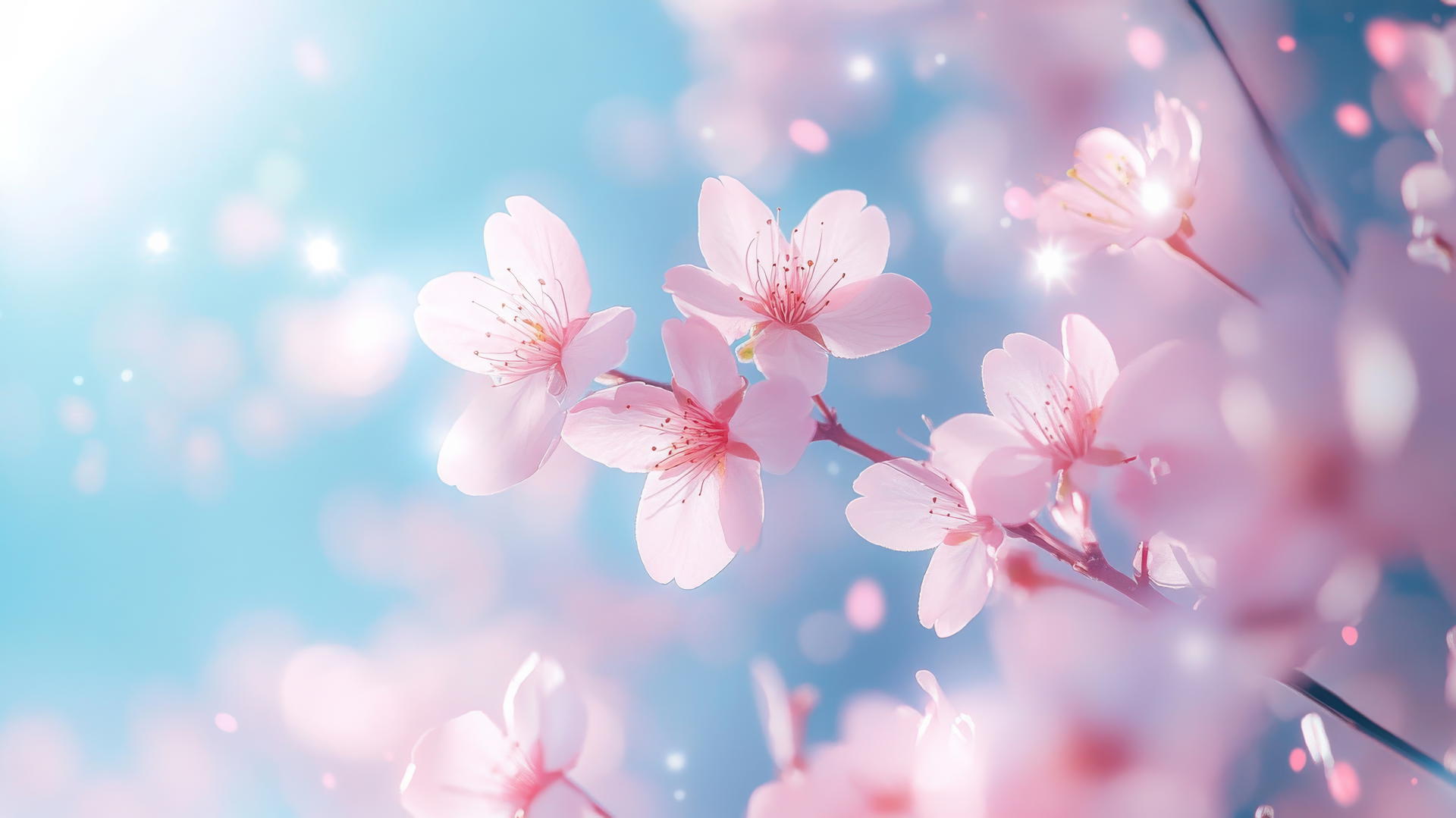 pink and blue wallpaper with delicate pink cherry blossoms against a bright blue sky