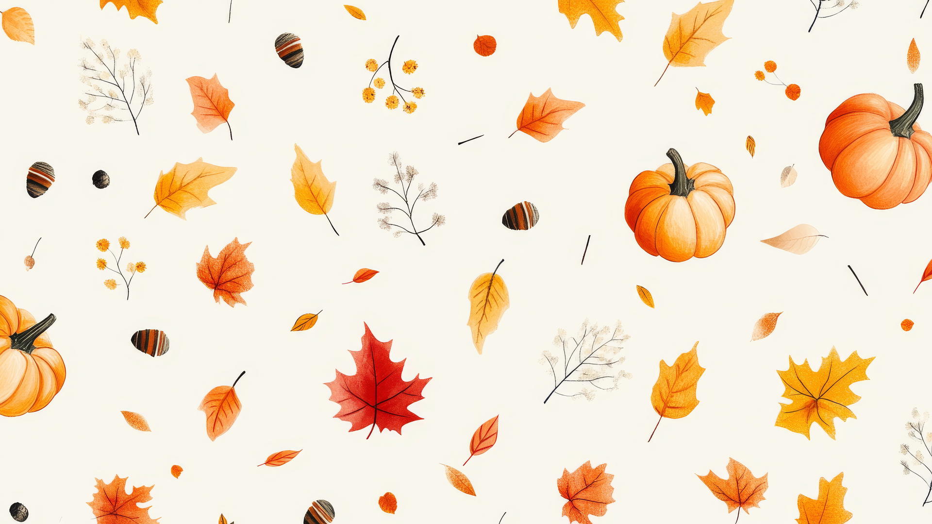 Thanksgiving wallpaper with hand-drawn autumn leaves, pumpkins, and acorns on cream background