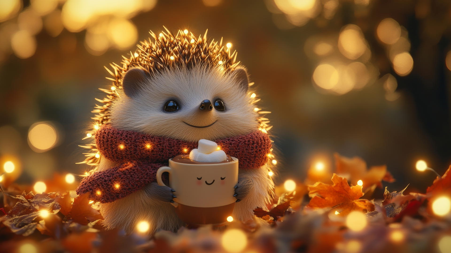 Wallpaper cute Thanksgiving backgrounds with a hedgehog holding hot chocolate