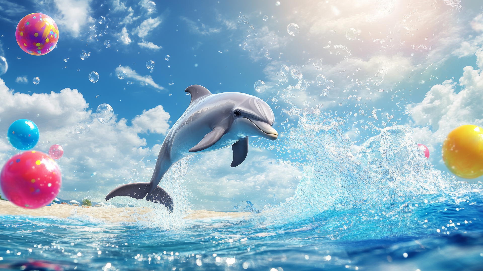 Cute summer wallpaper with a dolphin leaping and colorful beach balls