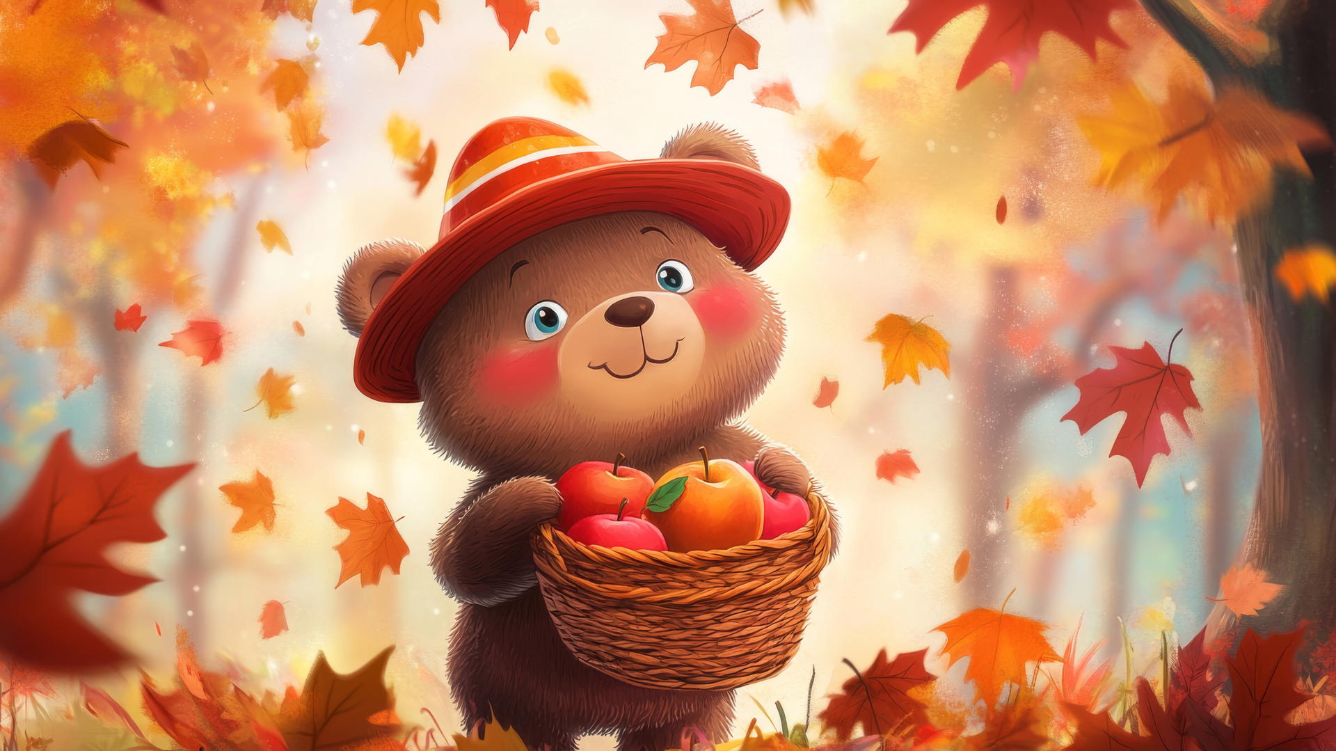 thanksgiving wallpaper cute cartoon bear with pilgrim hat and basket of apples
