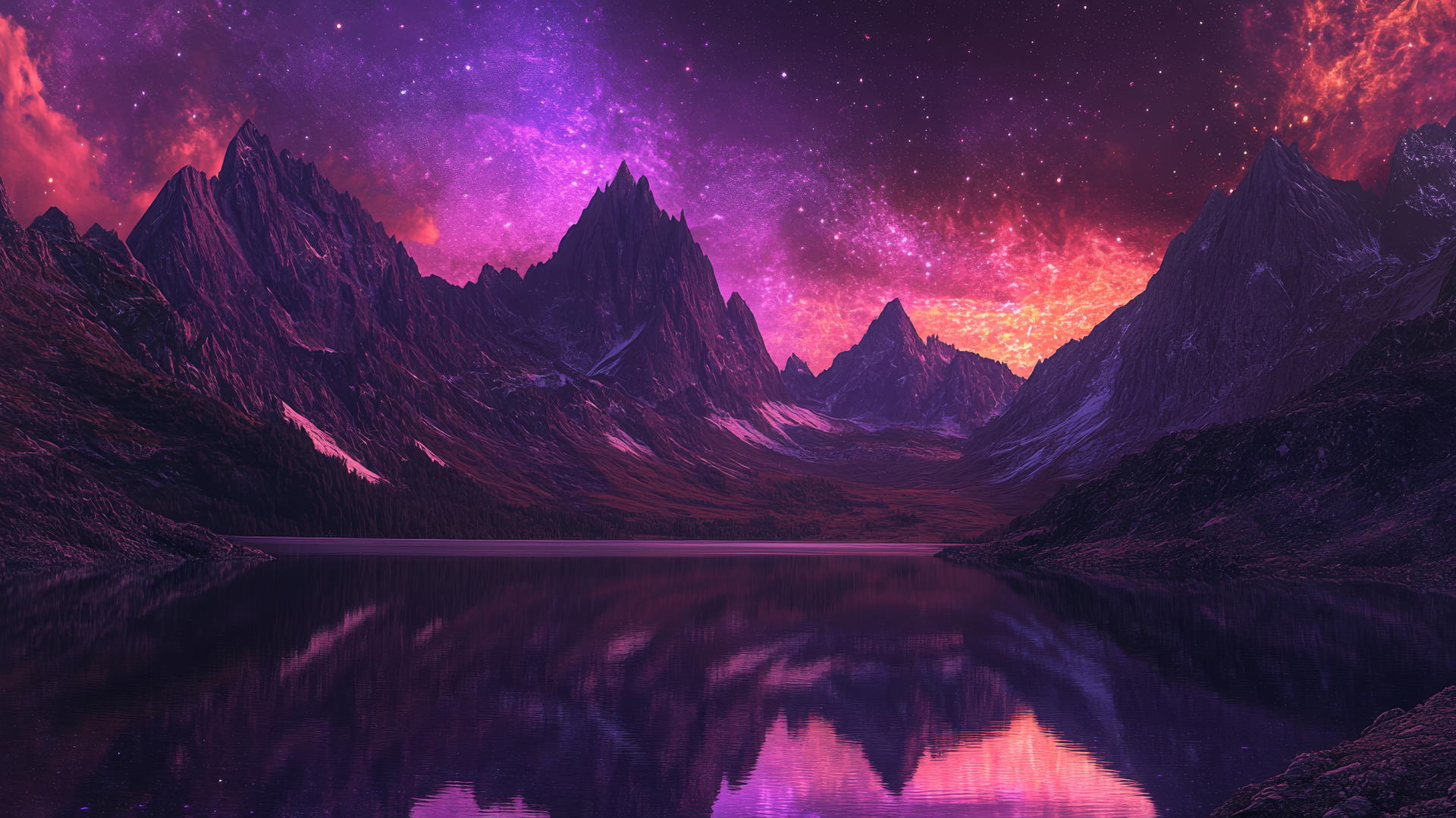 wallpaper purple 4k with fantasy landscape, purple mountains, glowing stars, serene lake