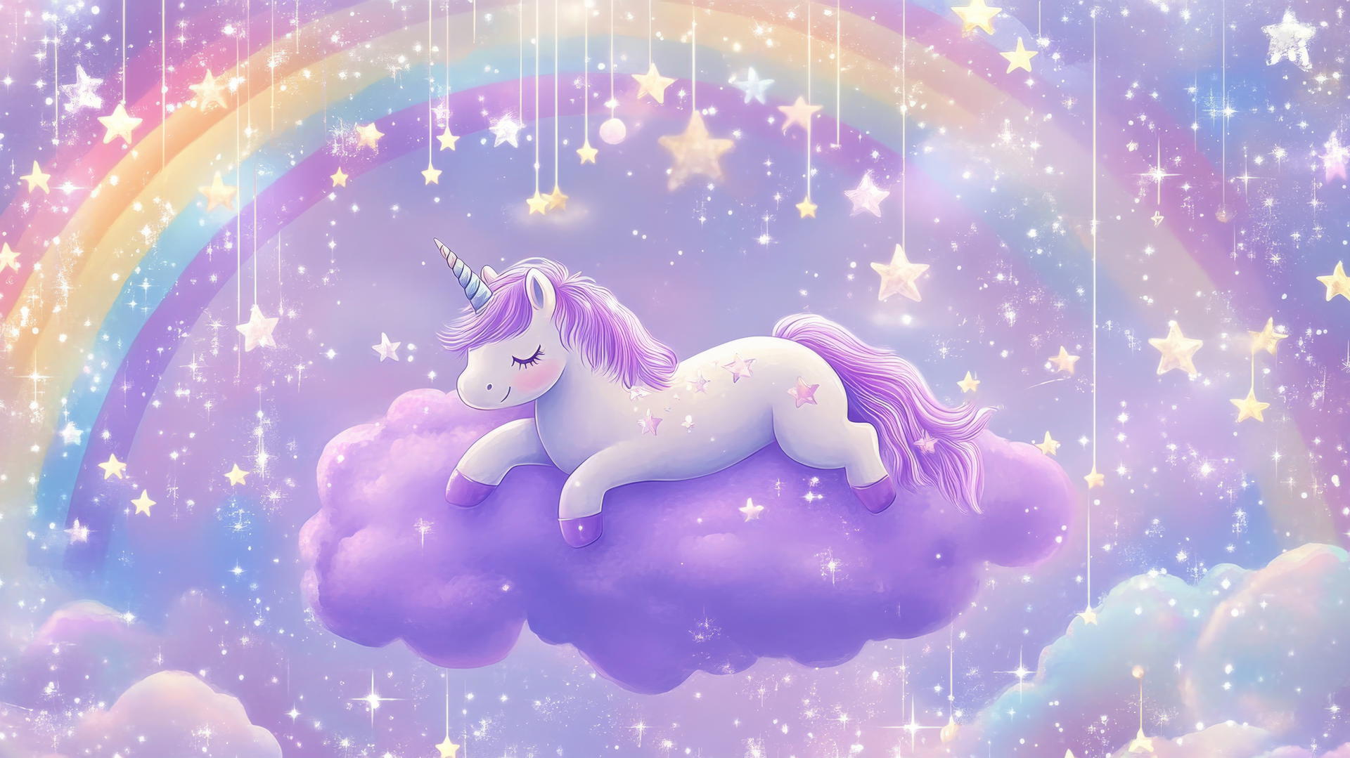 cute purple aesthetic wallpaper with chubby unicorn on cloud, rainbows, and stars