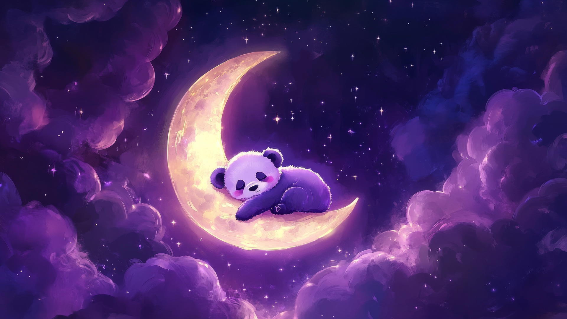 cute purple wallpaper with a sleepy panda on a crescent moon and glowing stars