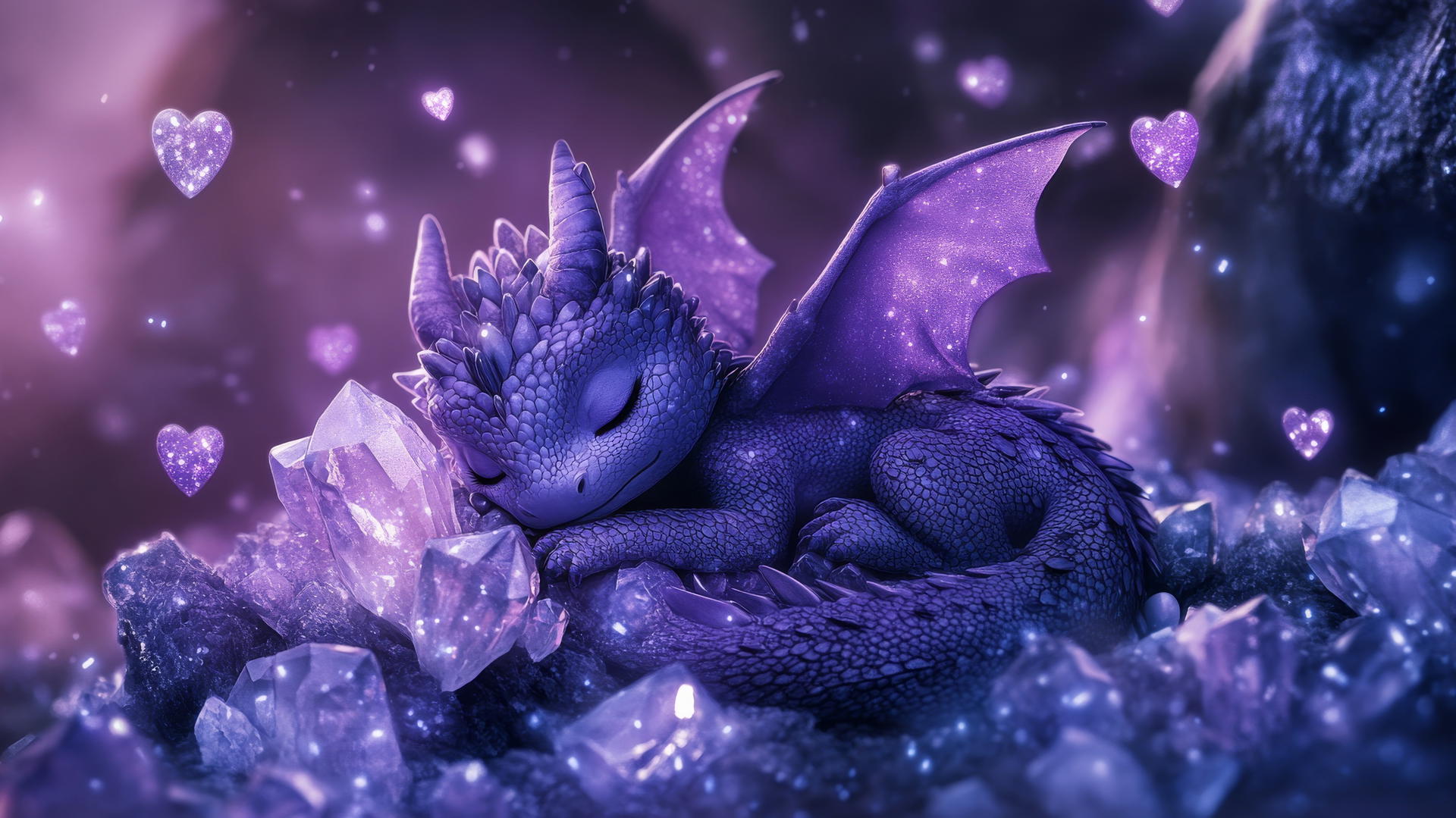 cute purple wallpaper with a dragon curled on glowing crystals, hearts and sparkles