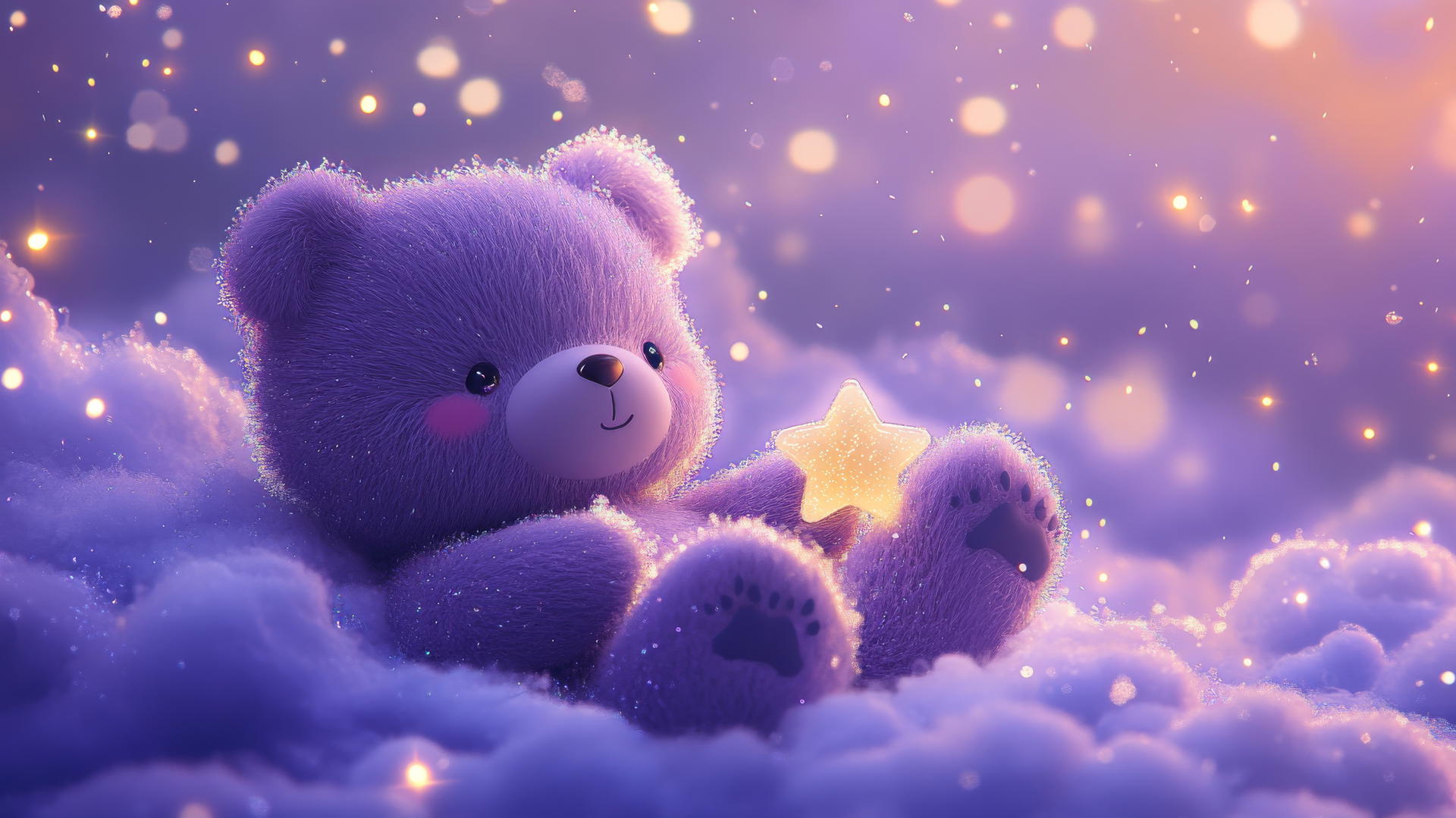 cute purple wallpaper with a kawaii bear holding a star on a lavender cloud