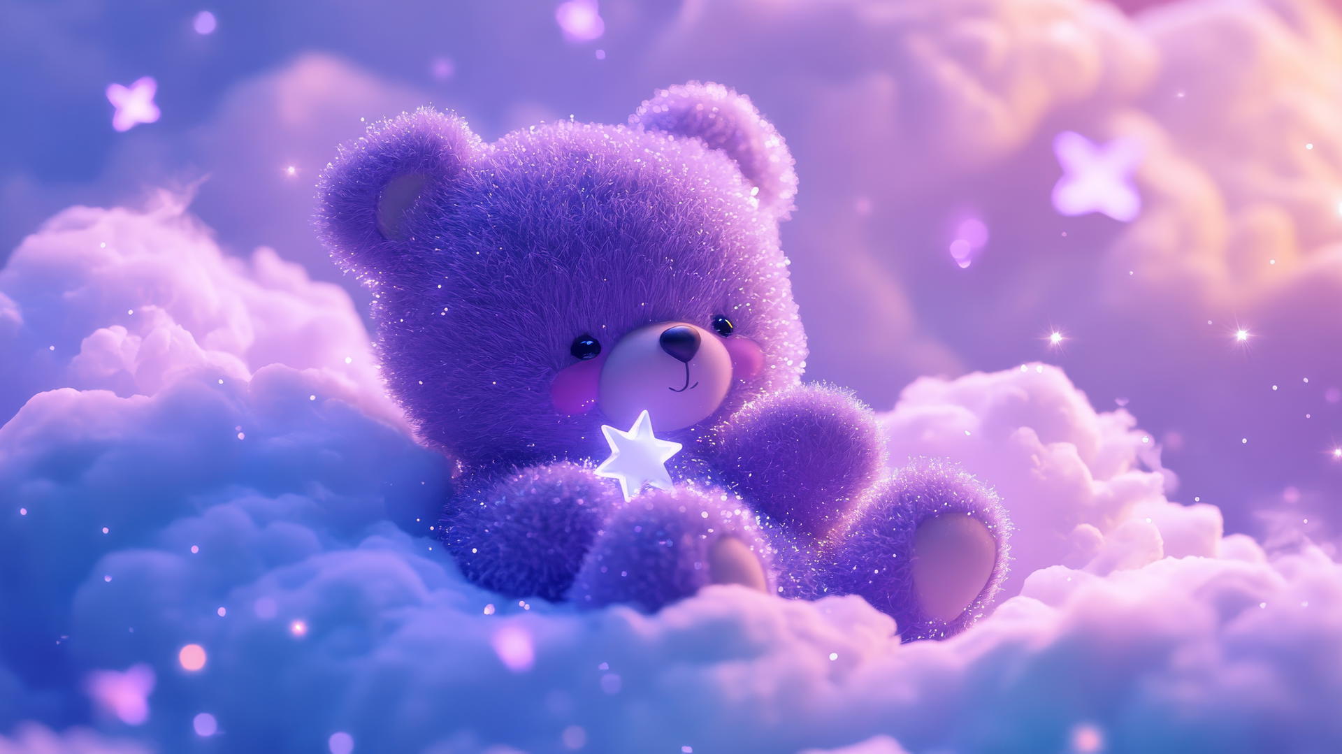 cute purple wallpaper with a kawaii bear holding a tiny star on a fluffy lavender cloud