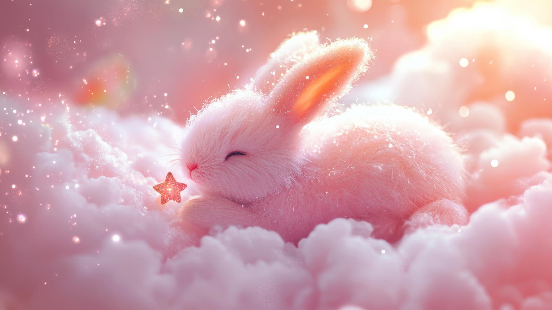 cute pink wallpaper with kawaii bunny holding a tiny star on a fluffy cloud