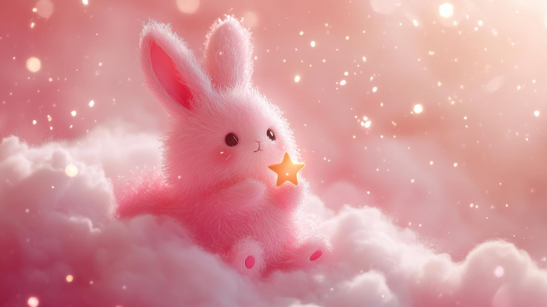 Cute pink wallpaper with a kawaii bunny holding a star, floating on a fluffy cloud with sparkles.