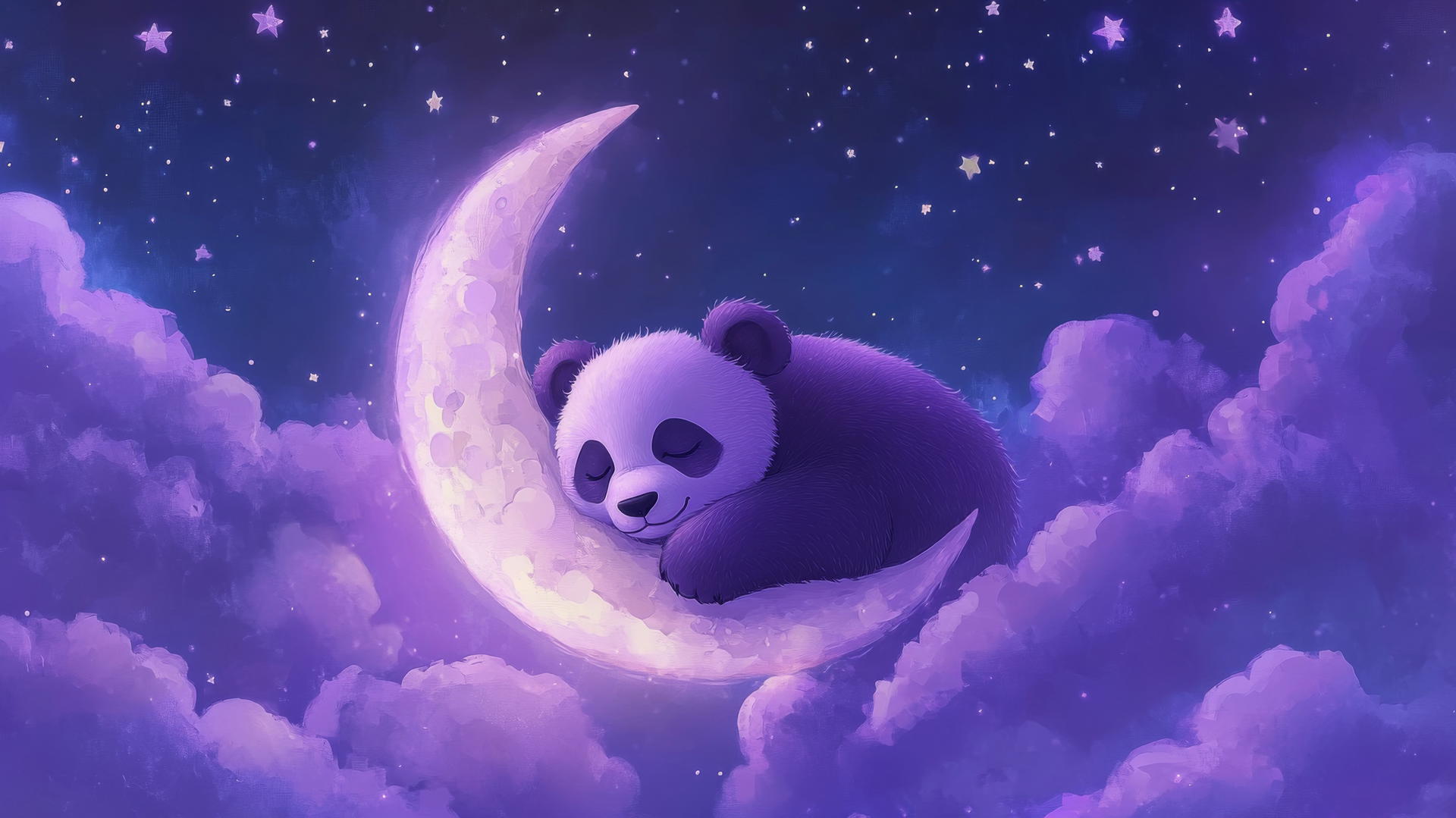 cute panda wallpaper 4k, purple panda on crescent moon, glowing stars and pastel lavender clouds