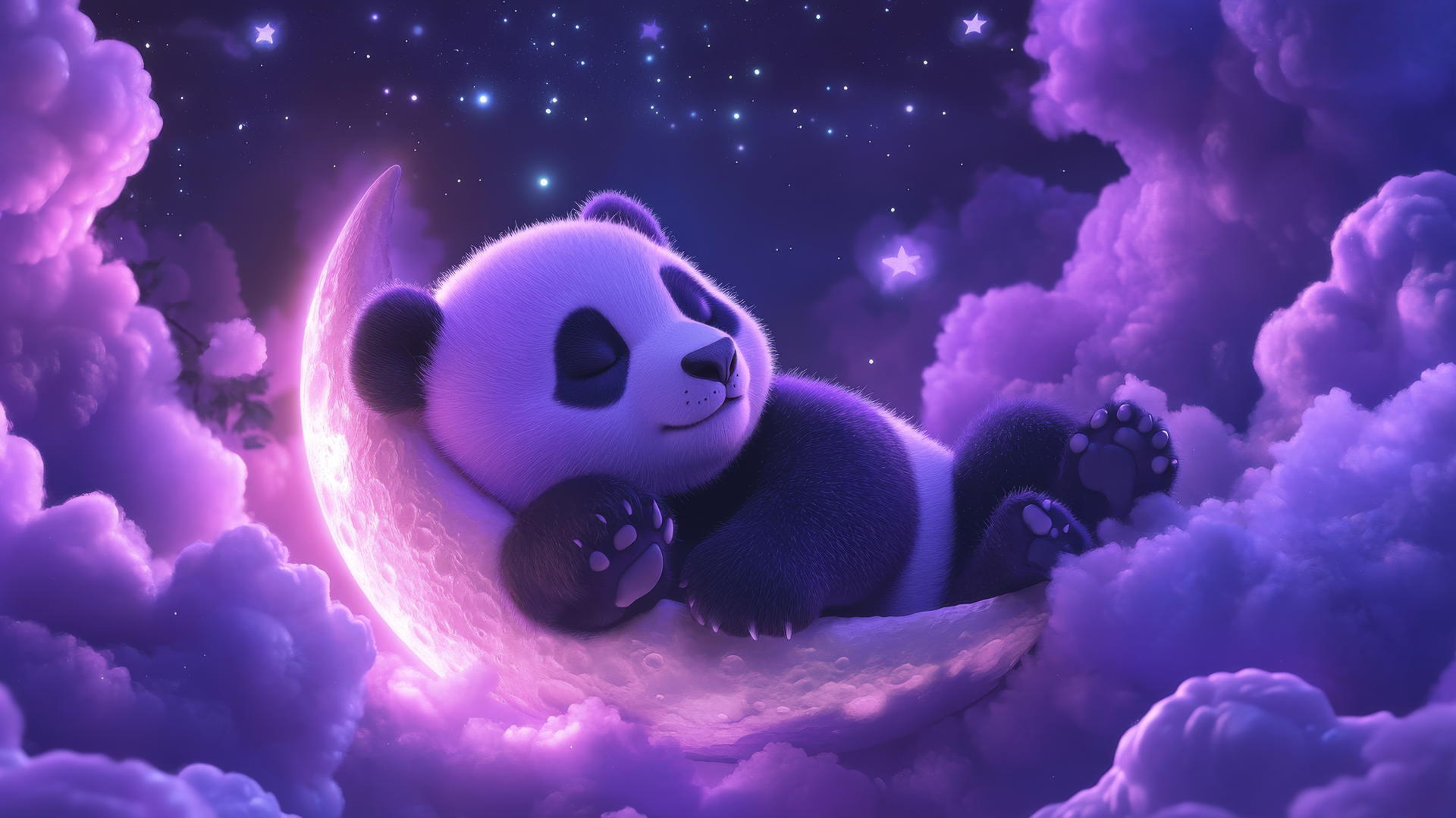 cute panda wallpaper 4k, sleepy purple panda on crescent moon with stars and lavender clouds