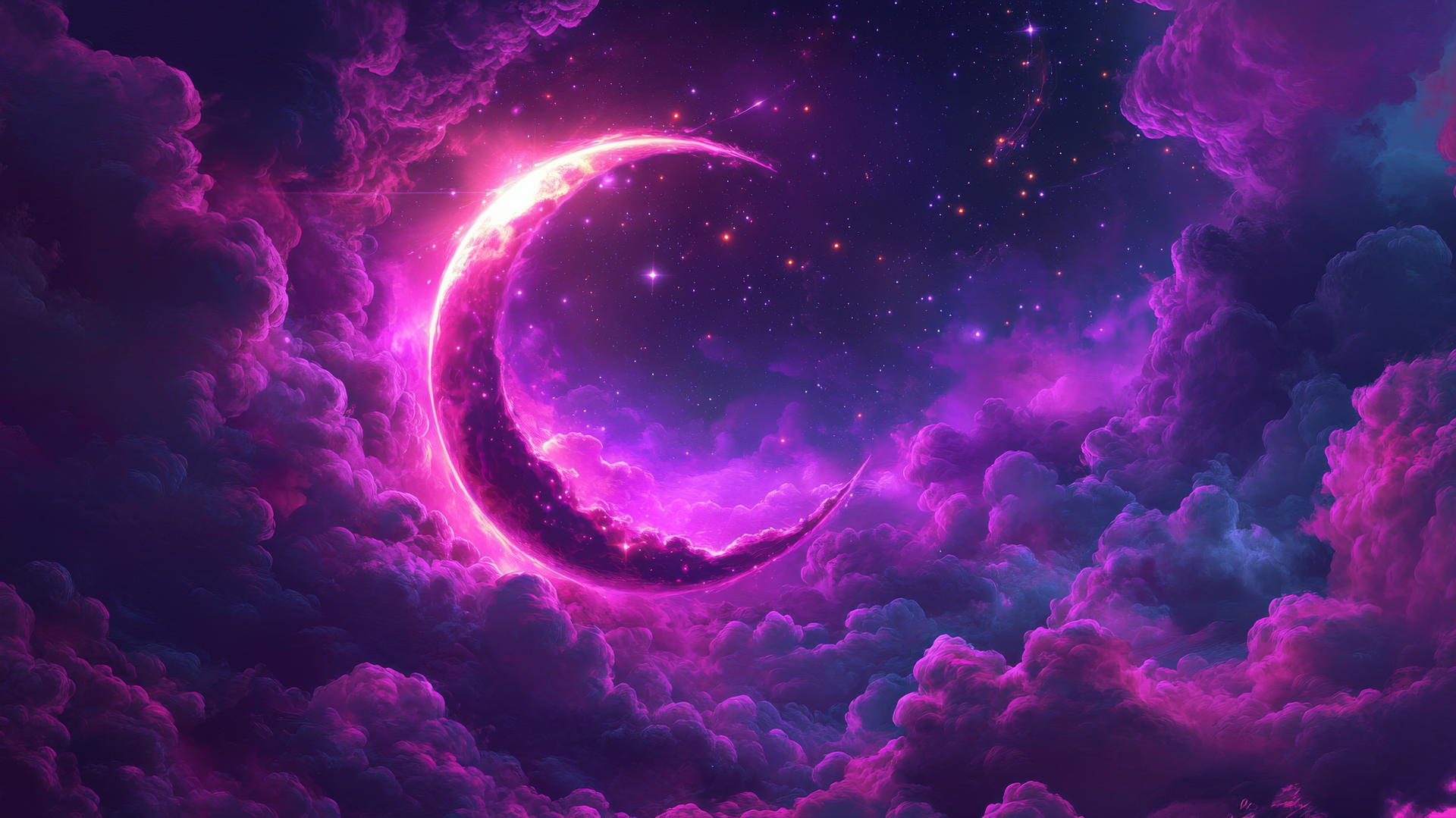 neon purple aesthetic wallpaper with glowing crescent moon, stars, and swirling clouds against a midnight sky