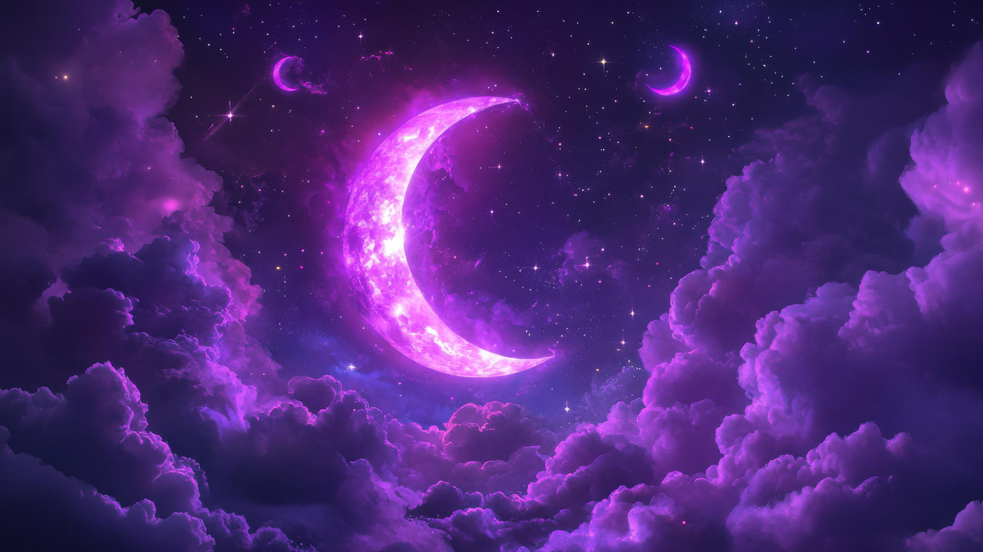 neon purple aesthetic wallpaper with glowing crescent moon and stars