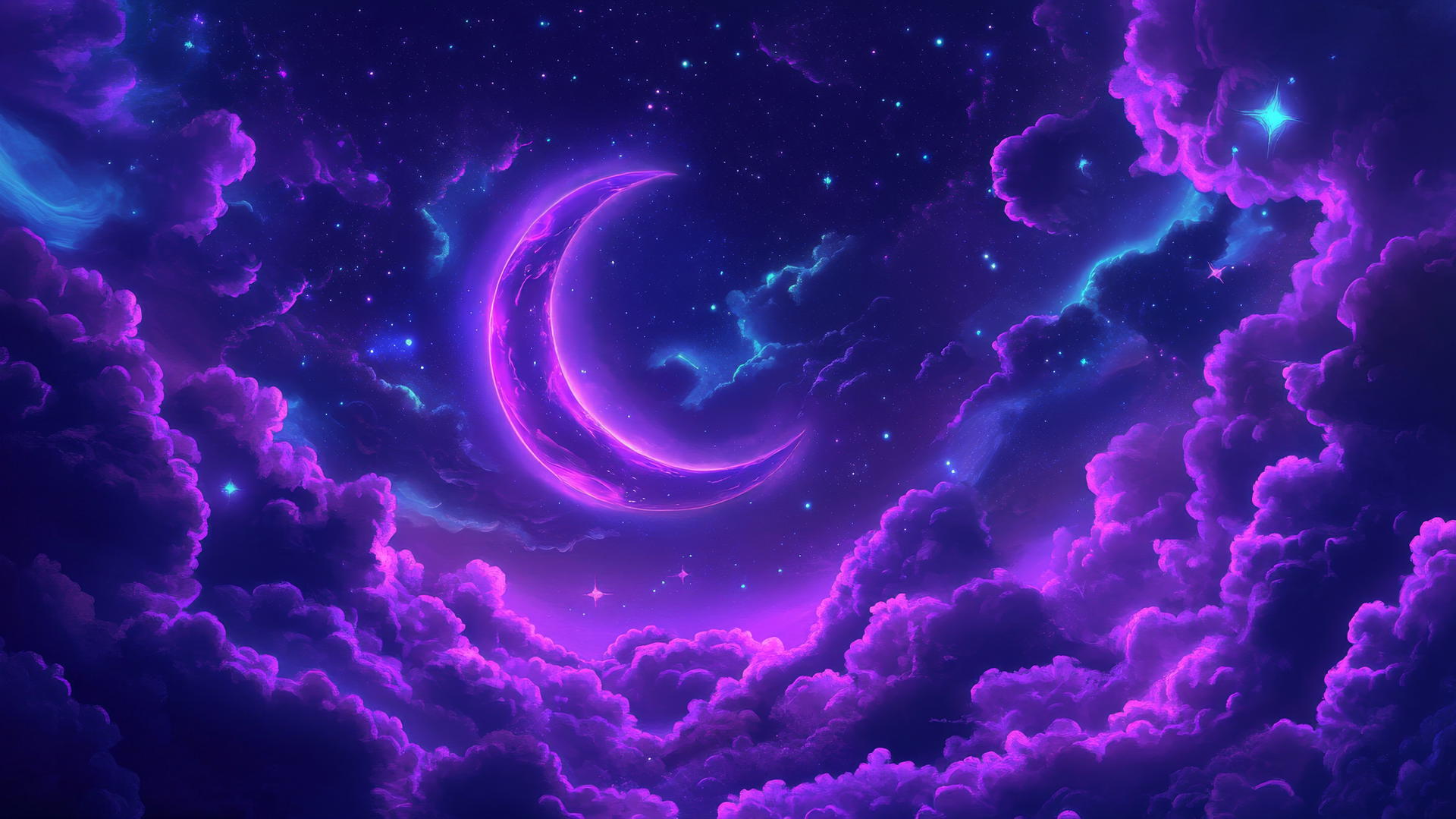 mystical neon purple aesthetic wallpaper with glowing crescent moon, stars, swirling clouds, light trails