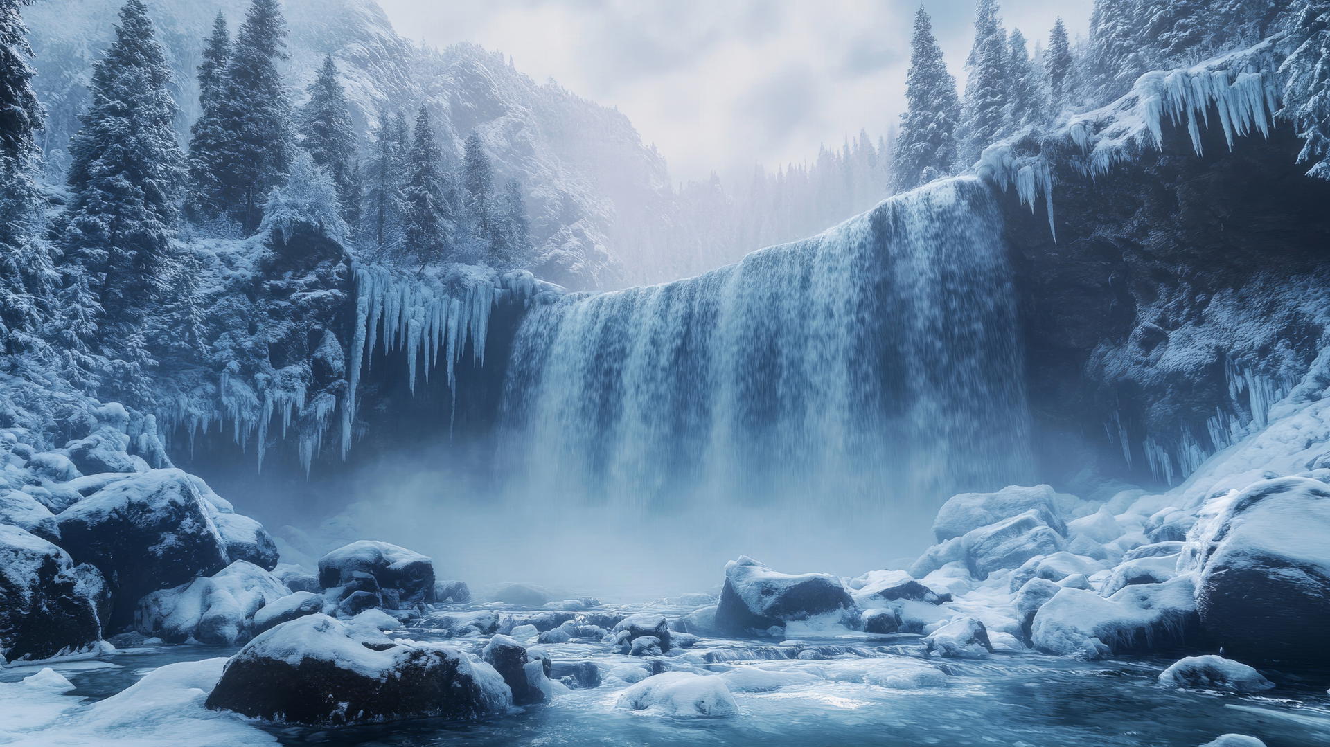 winter background wallpaper with a frozen waterfall, icy rocks, snow-covered pines, and mist