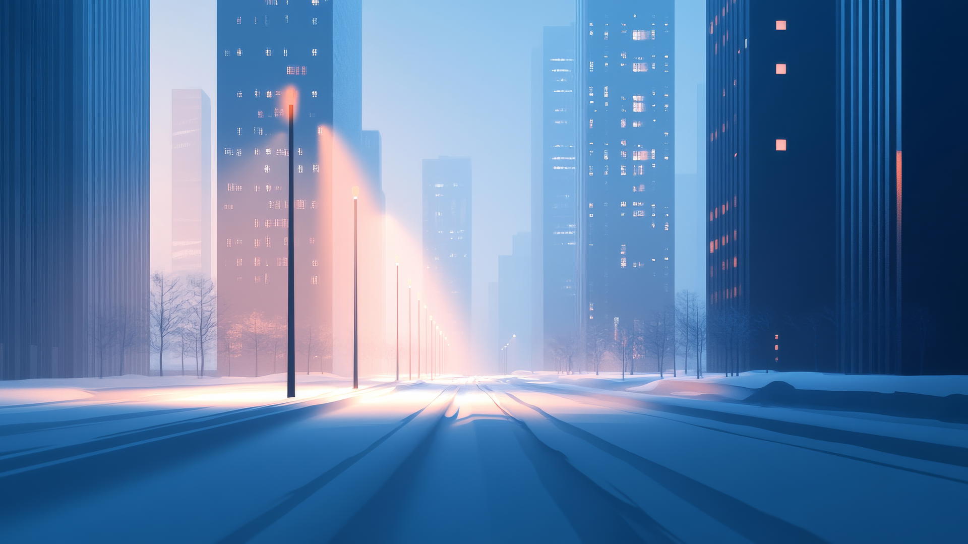 aesthetic winter wallpaper with sleek city buildings, long shadows, and soft streetlights