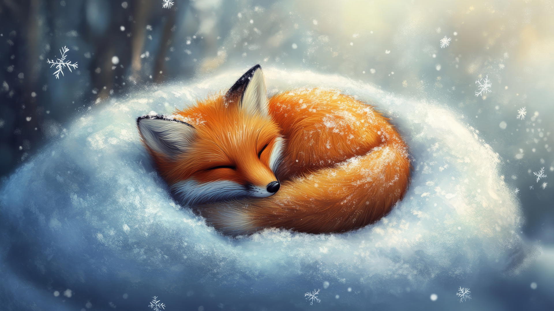 Cute winter wallpaper of a fox snuggled in snow with snowflakes on its fur.