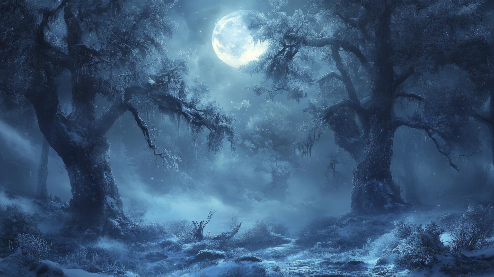 A mystical winter forest with frosted ancient trees glowing softly under an ethereal full moon.